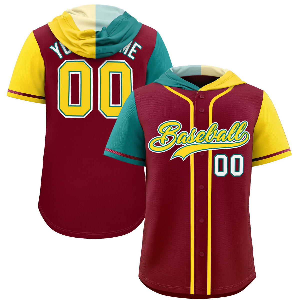 Custom Crimson Aqua and Gold Split Fashion Raglan Sleeves Authentic Baseball Hoodie Jersey