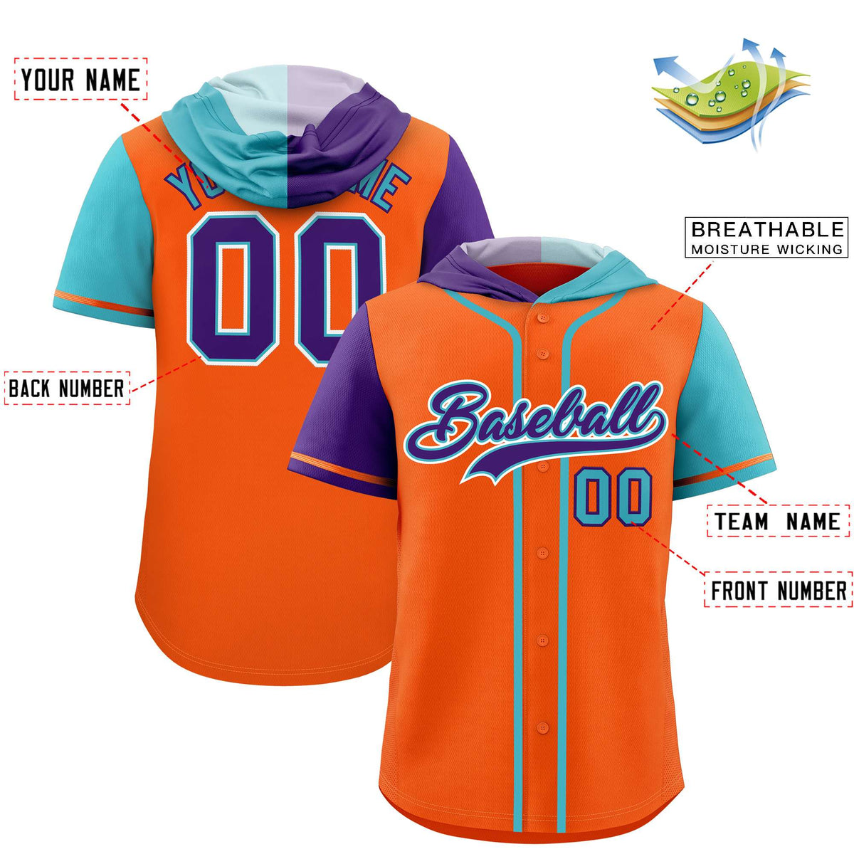 Custom Orange Purple and Sky Blue Split Fashion Raglan Sleeves Authentic Baseball Hoodie Jersey