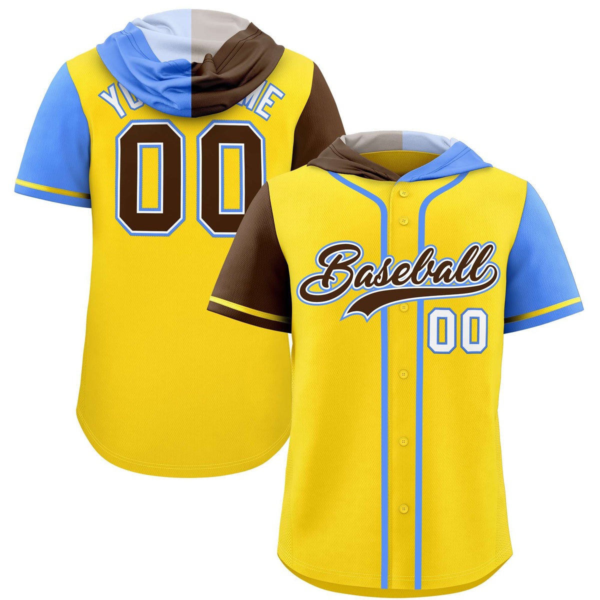 Custom Gold Brown and Powder Blue Split Fashion Raglan Sleeves Authentic Baseball Hoodie Jersey