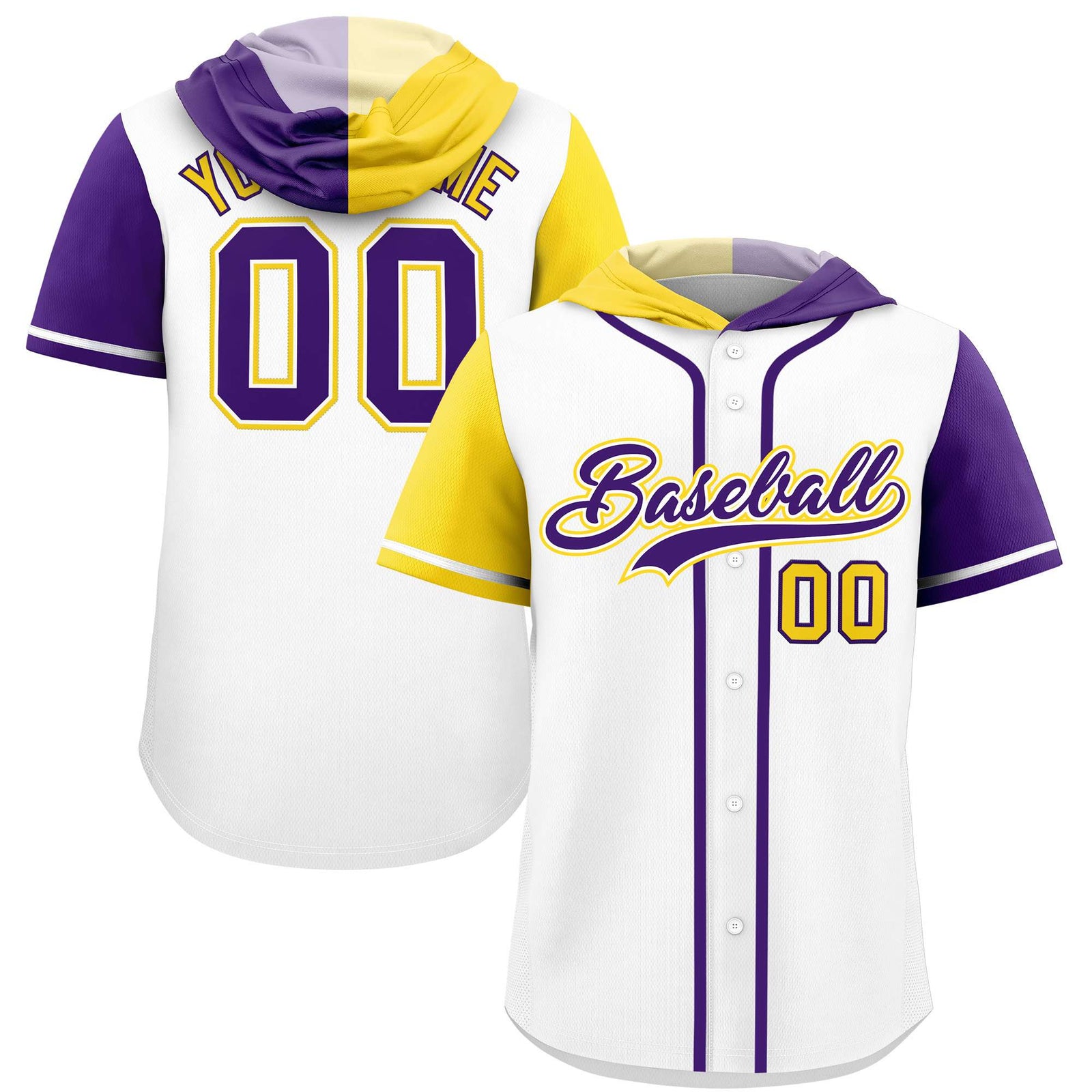 Custom White Gold and Purple Split Fashion Raglan Sleeves Authentic Baseball Hoodie Jersey