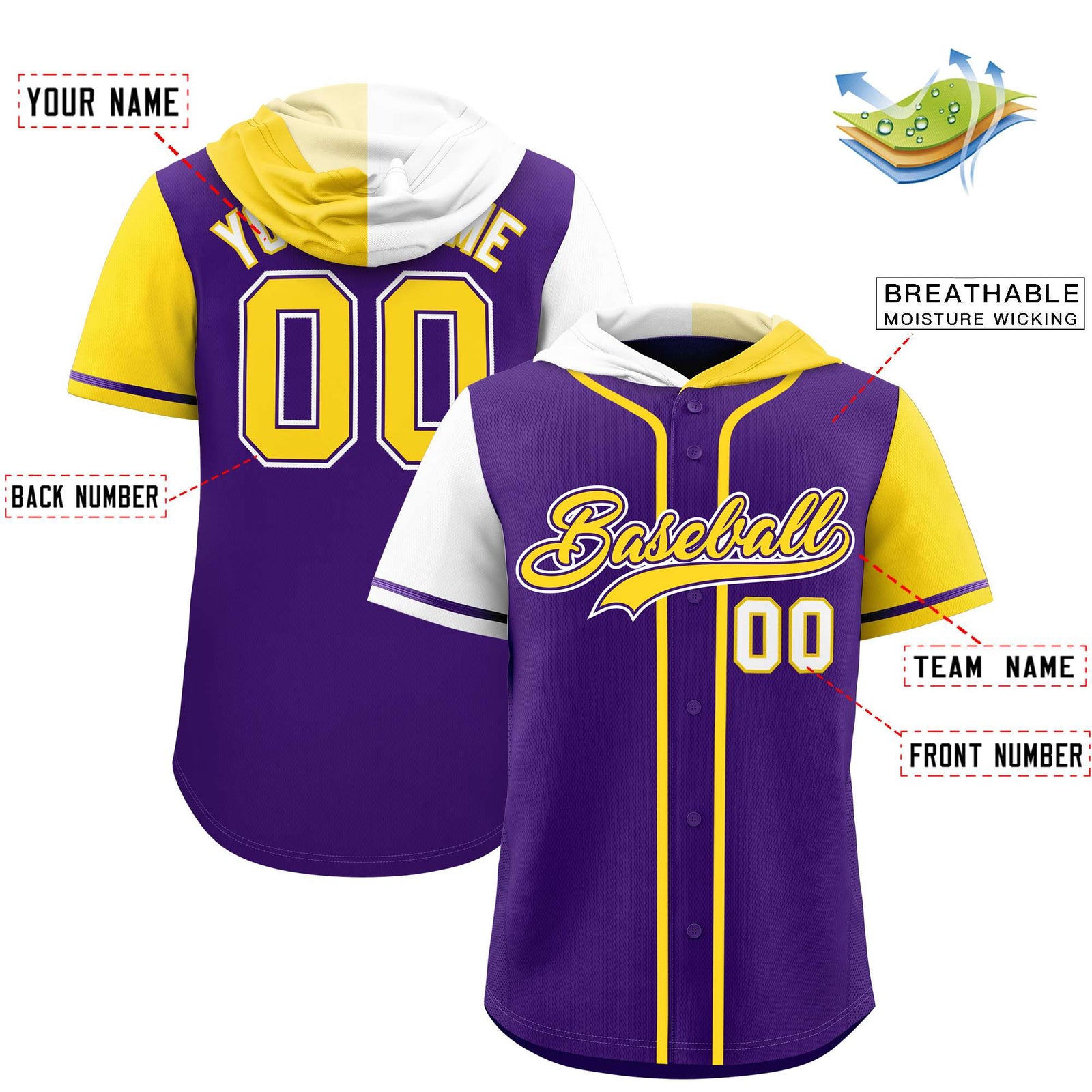 Custom Purple White and Gold Split Fashion Raglan Sleeves Authentic Baseball Hoodie Jersey