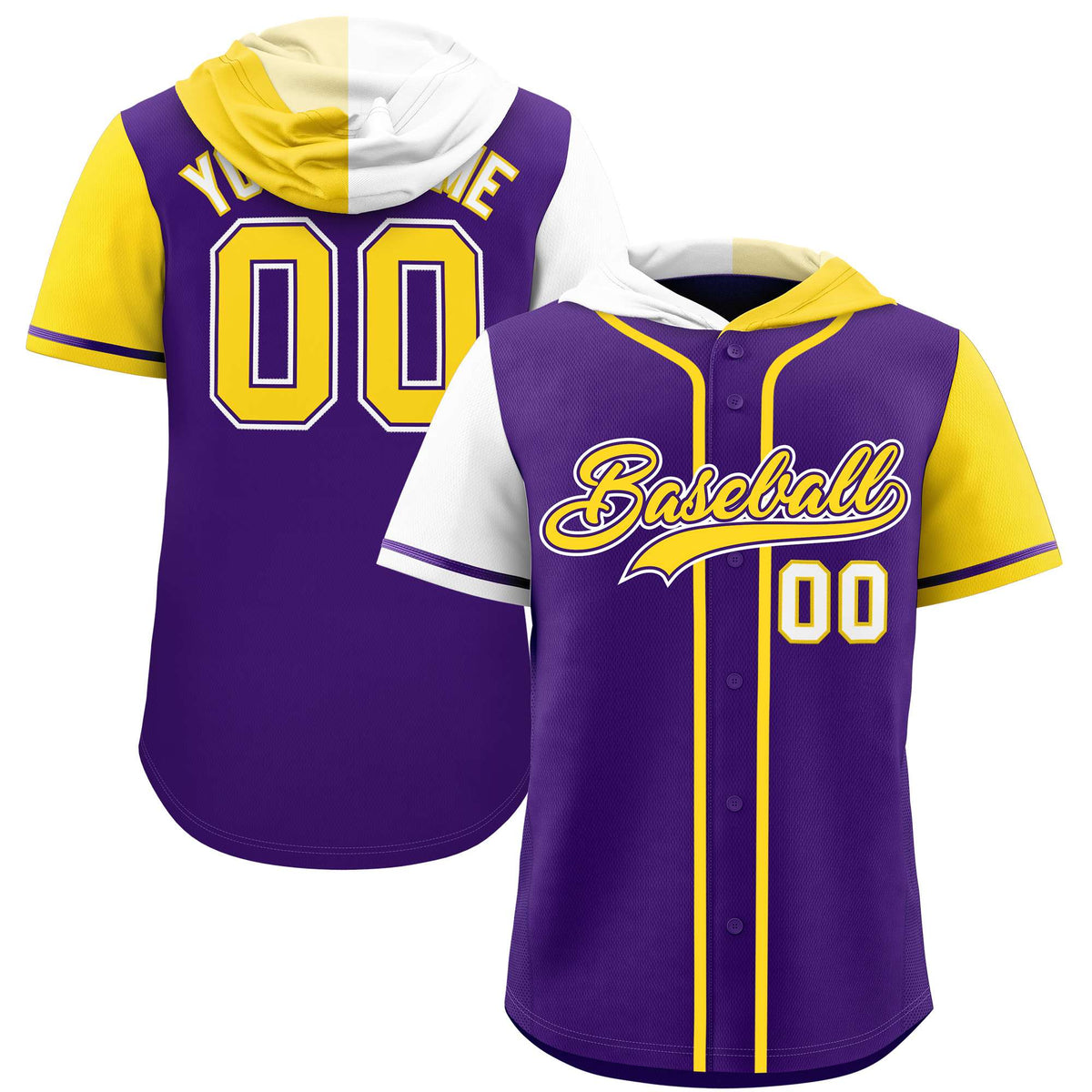 Custom Purple White and Gold Split Fashion Raglan Sleeves Authentic Baseball Hoodie Jersey