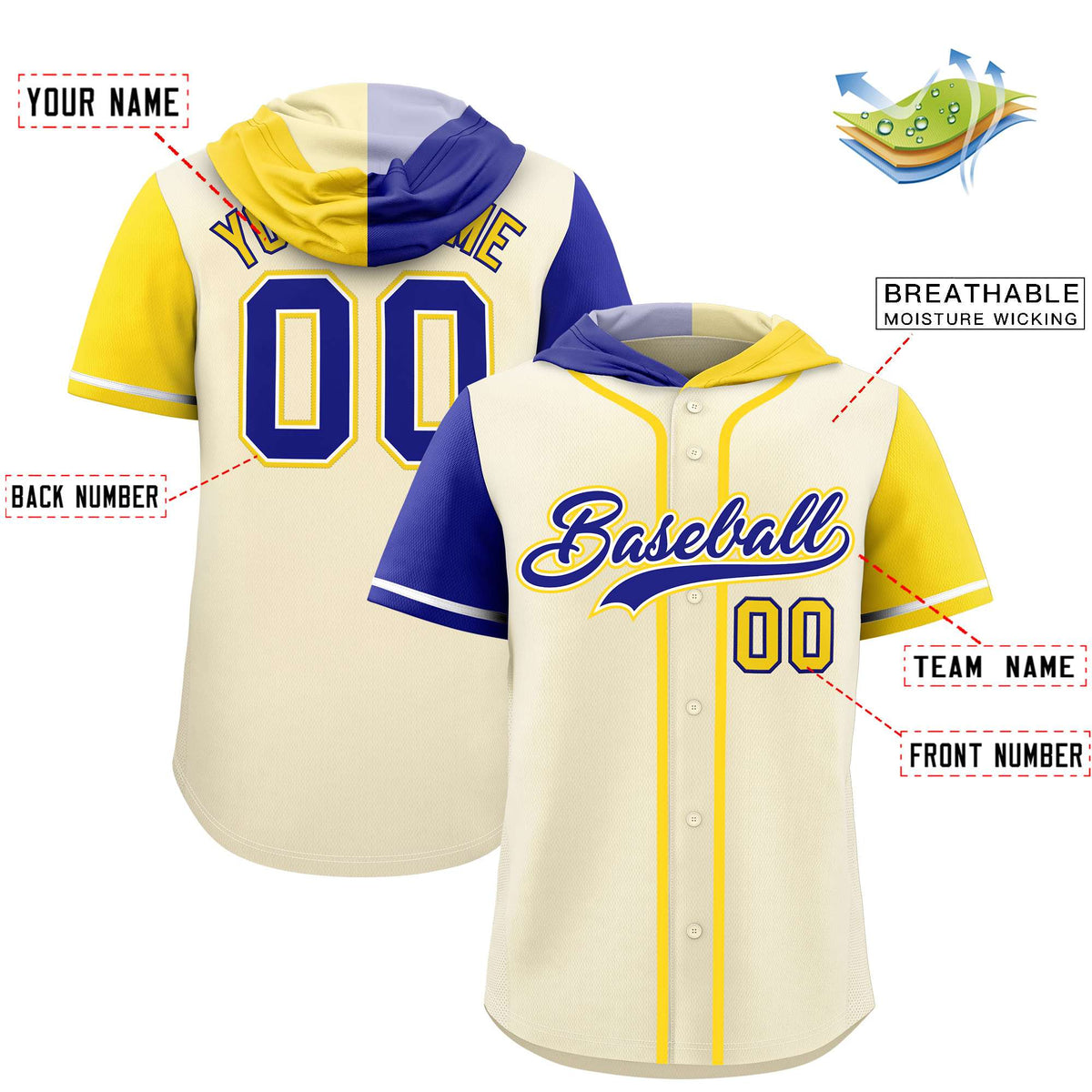Custom Cream Royal and Gold Split Fashion Raglan Sleeves Authentic Baseball Hoodie Jersey