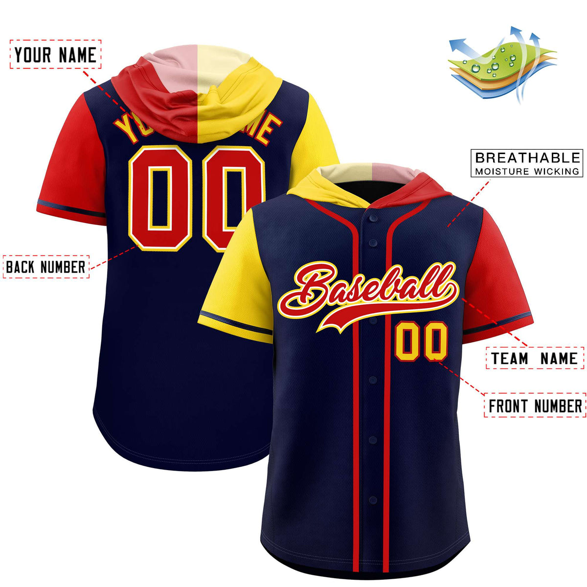 Custom Navy Gold and Red Split Fashion Raglan Sleeves Authentic Baseball Hoodie Jersey