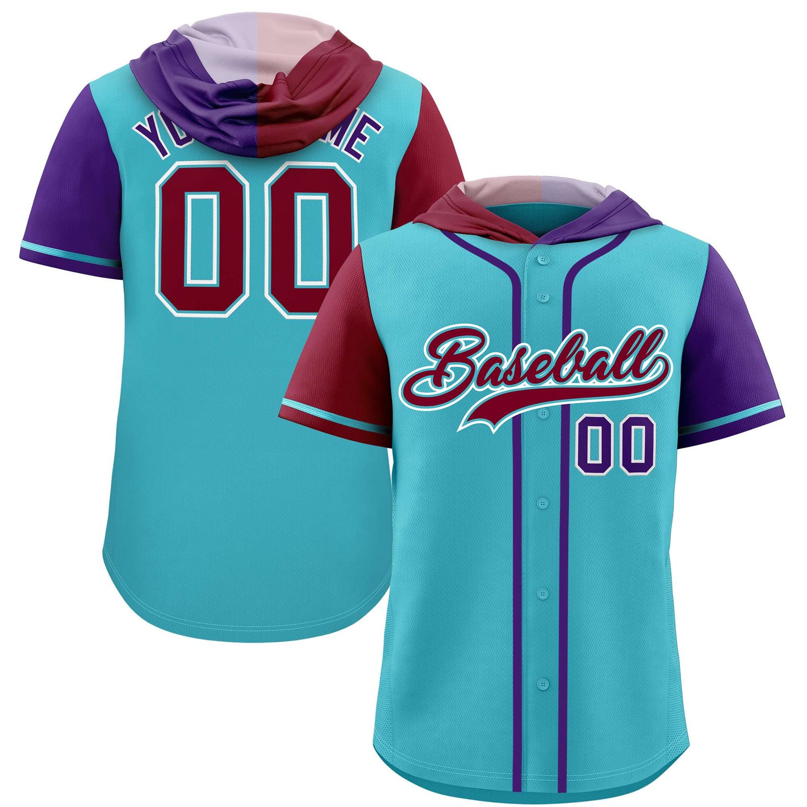 Custom Sky Blue Crimson and Purple Split Fashion Raglan Sleeves Authentic Baseball Hoodie Jersey