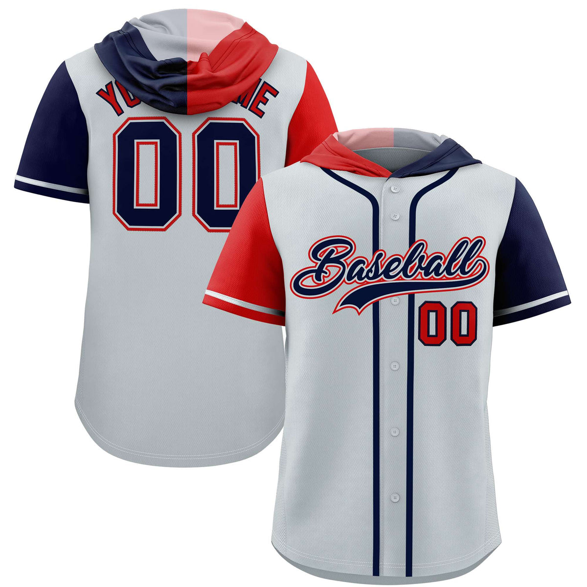 Custom Silver Red and Navy Split Fashion Raglan Sleeves Authentic Baseball Hoodie Jersey
