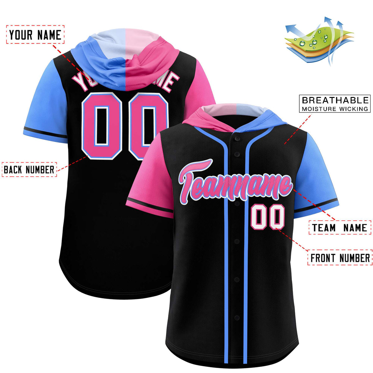 Custom Black Pink and Powder Blue Split Fashion Raglan Sleeves Authentic Baseball Hoodie Jersey