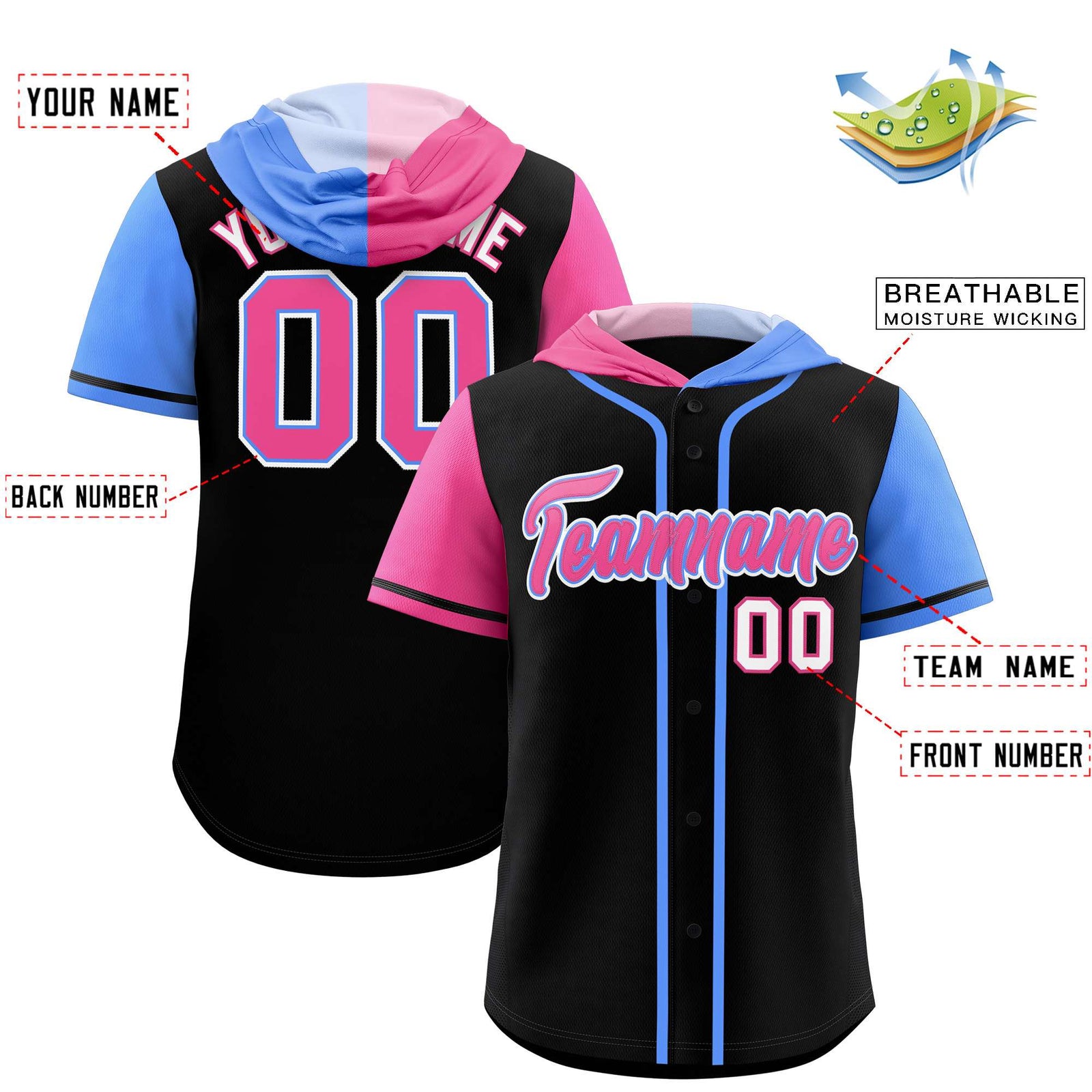 Custom Black Pink and Powder Blue Split Fashion Raglan Sleeves Authentic Baseball Hoodie Jersey