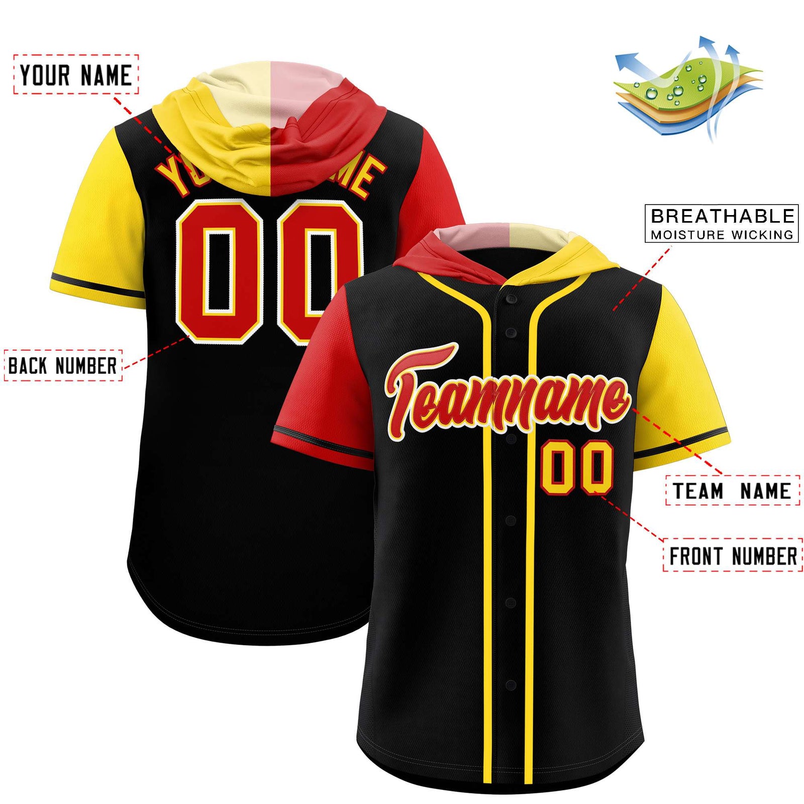 Custom Black Red and Gold Split Fashion Raglan Sleeves Authentic Baseball Hoodie Jersey