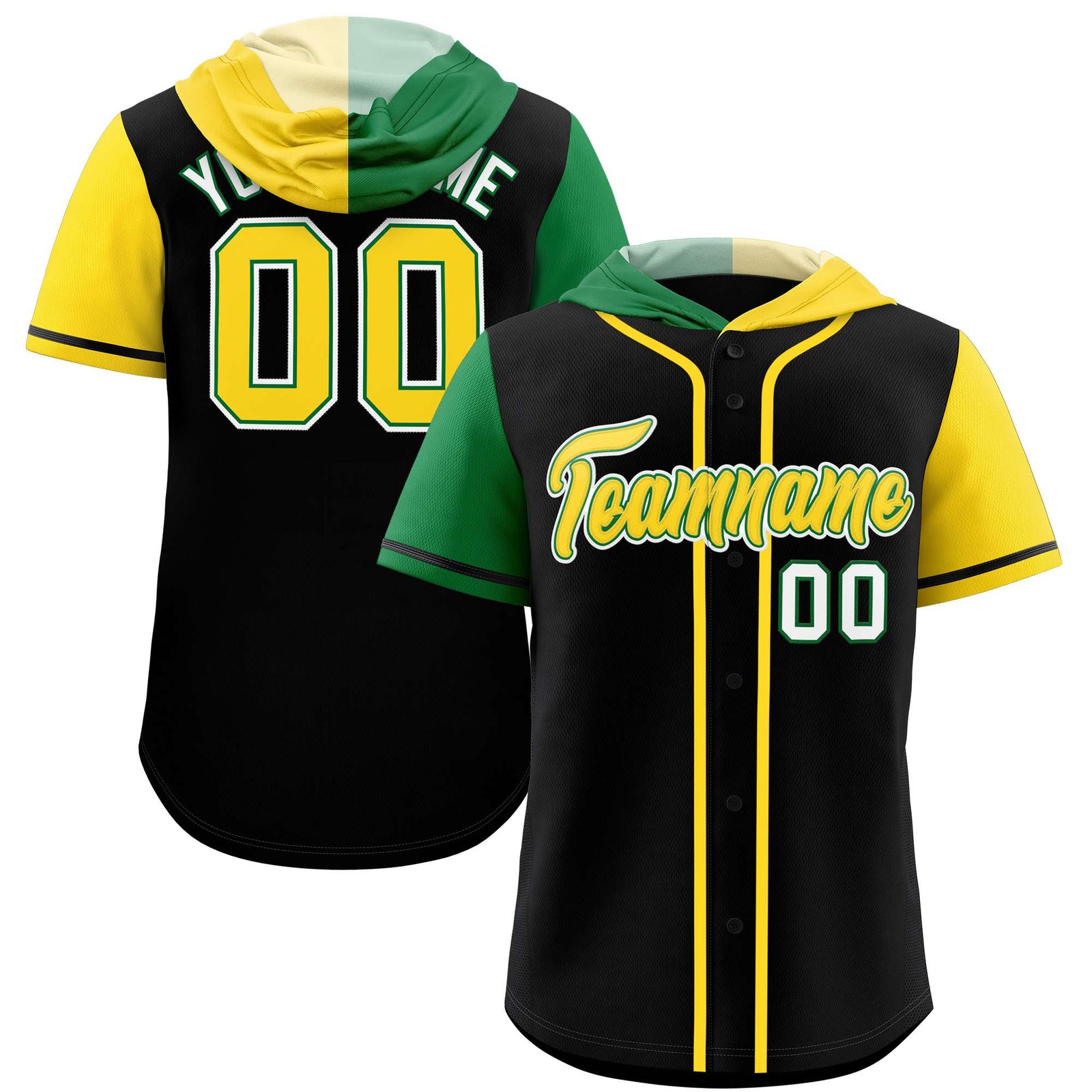 Custom Black Kelly Green and Gold Split Fashion Raglan Sleeves Authentic Baseball Hoodie Jersey