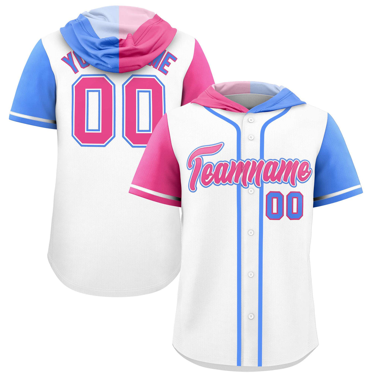 Custom White Pink and Powder Blue Split Fashion Raglan Sleeves Authentic Baseball Hoodie Jersey