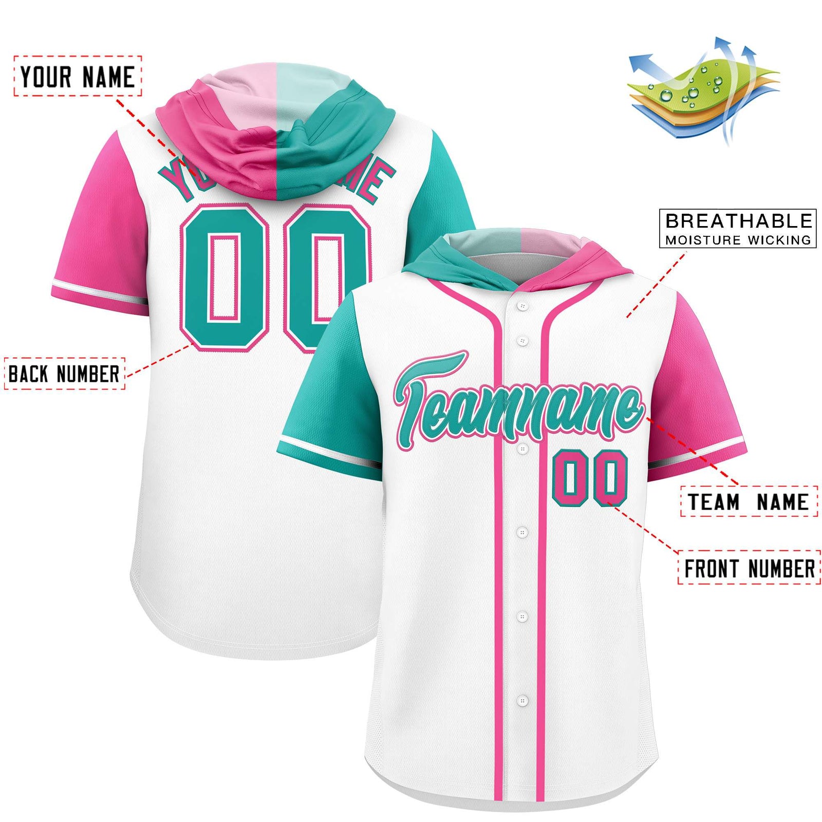 Custom White Aqua and Pink Split Fashion Raglan Sleeves Authentic Baseball Hoodie Jersey