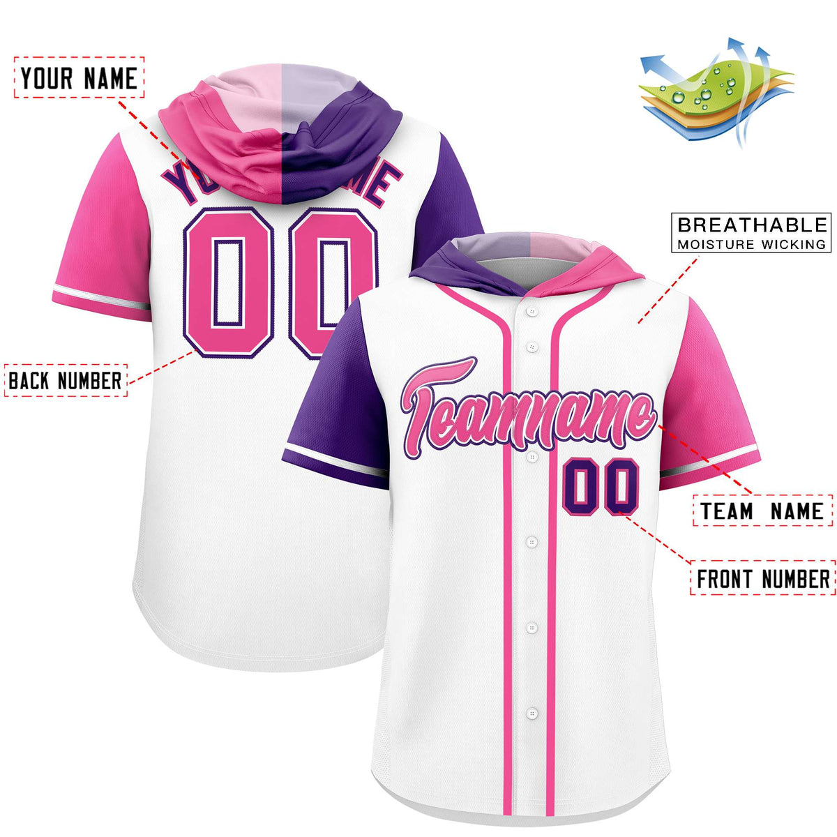 Custom White Purple and Pink Split Fashion Raglan Sleeves Authentic Baseball Hoodie Jersey