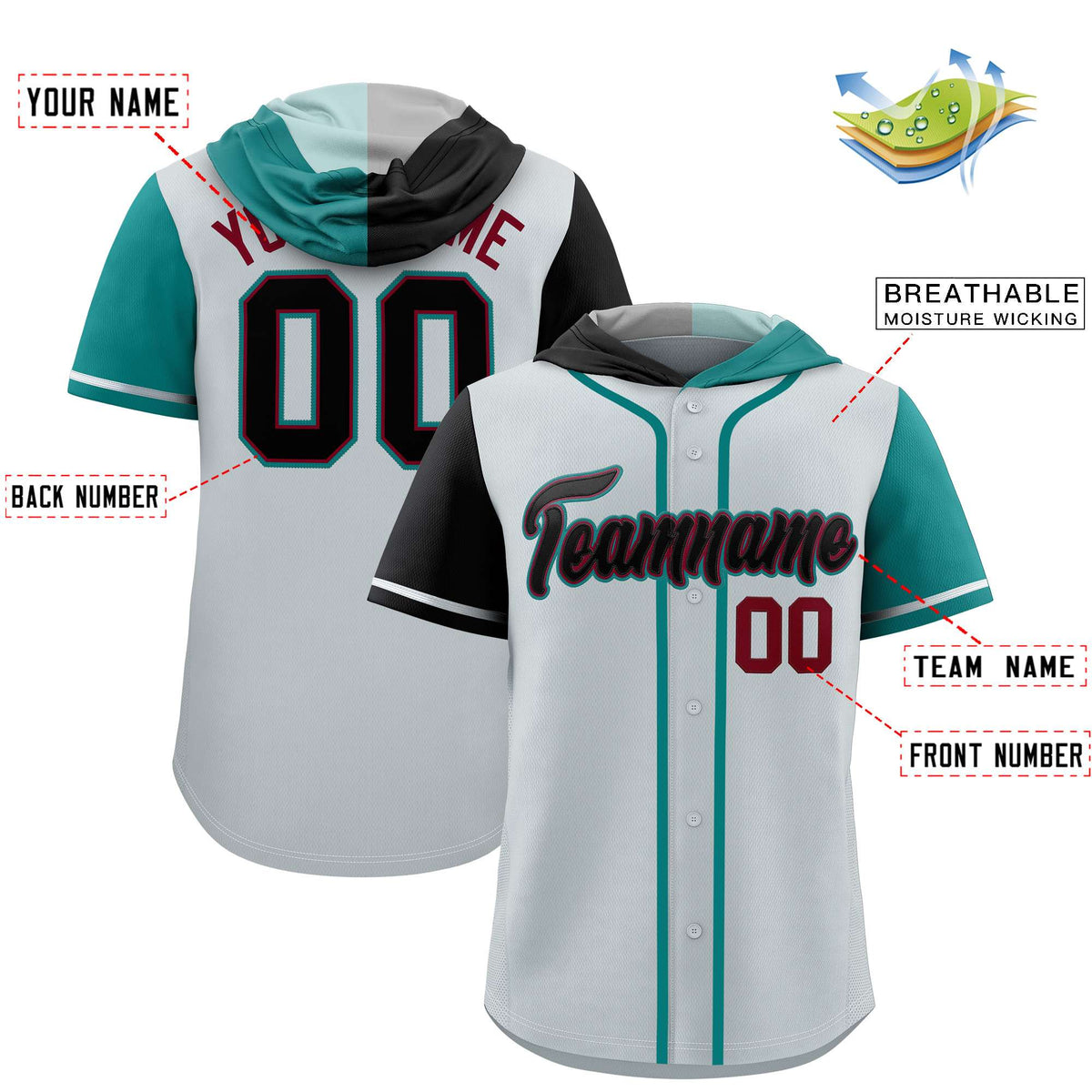 Custom Silver Black and Aqua Split Fashion Raglan Sleeves Authentic Baseball Hoodie Jersey