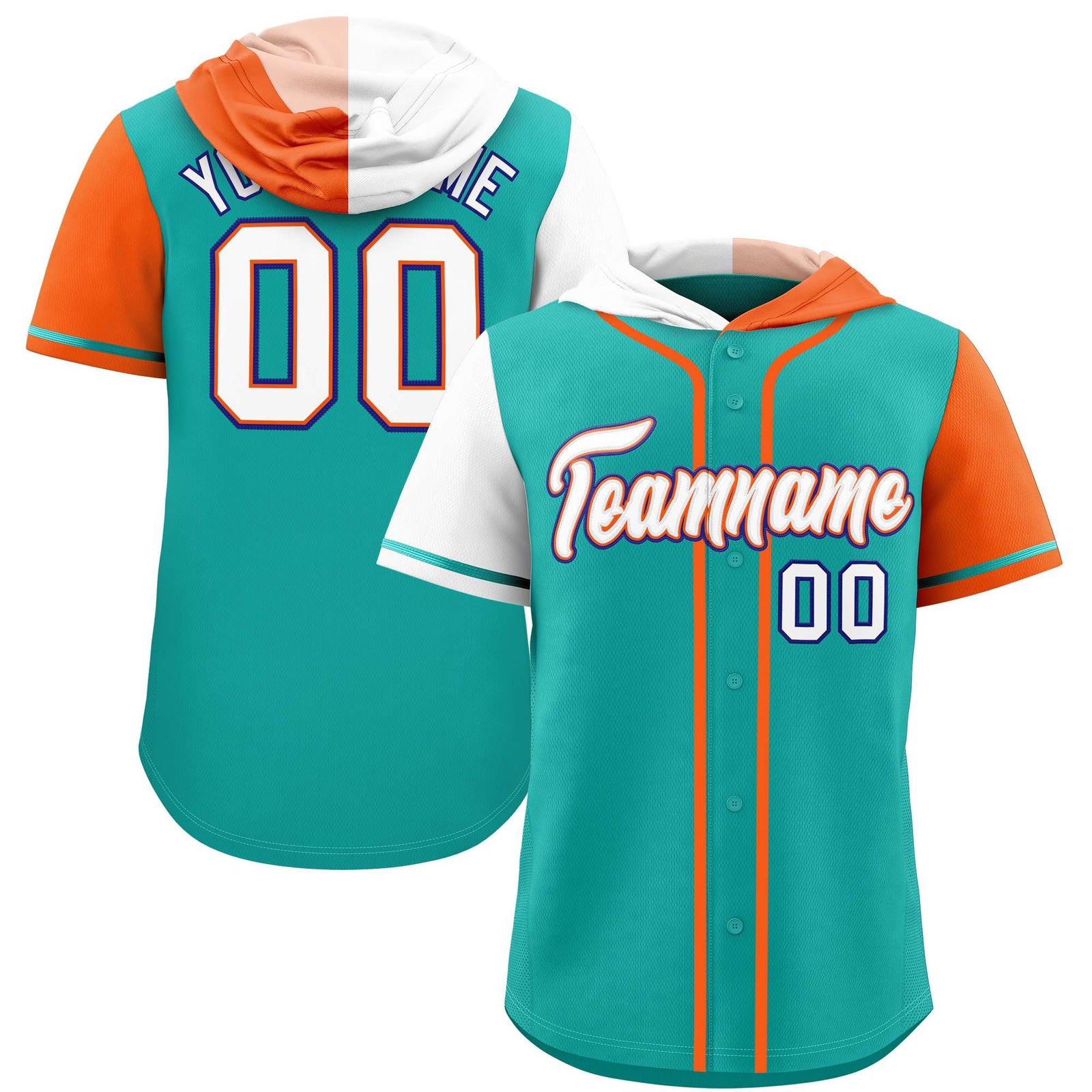 Custom Aqua White and Orange Split Fashion Raglan Sleeves Authentic Baseball Hoodie Jersey