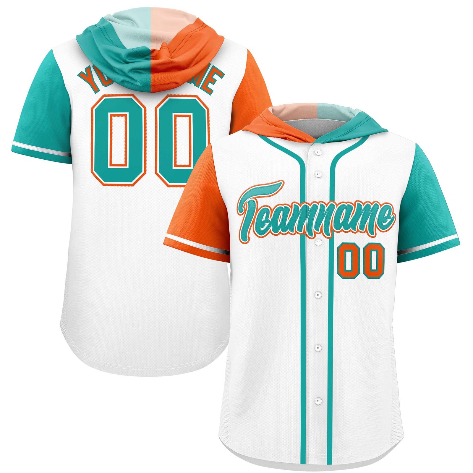 Custom White Orange and Aqua Split Fashion Raglan Sleeves Authentic Baseball Hoodie Jersey