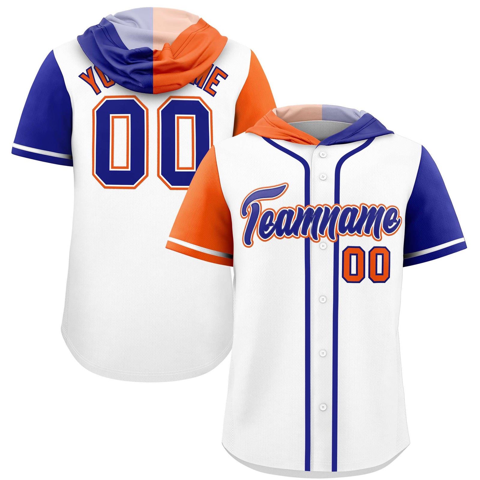 Custom White Orange and Royal Split Fashion Raglan Sleeves Authentic Baseball Hoodie Jersey