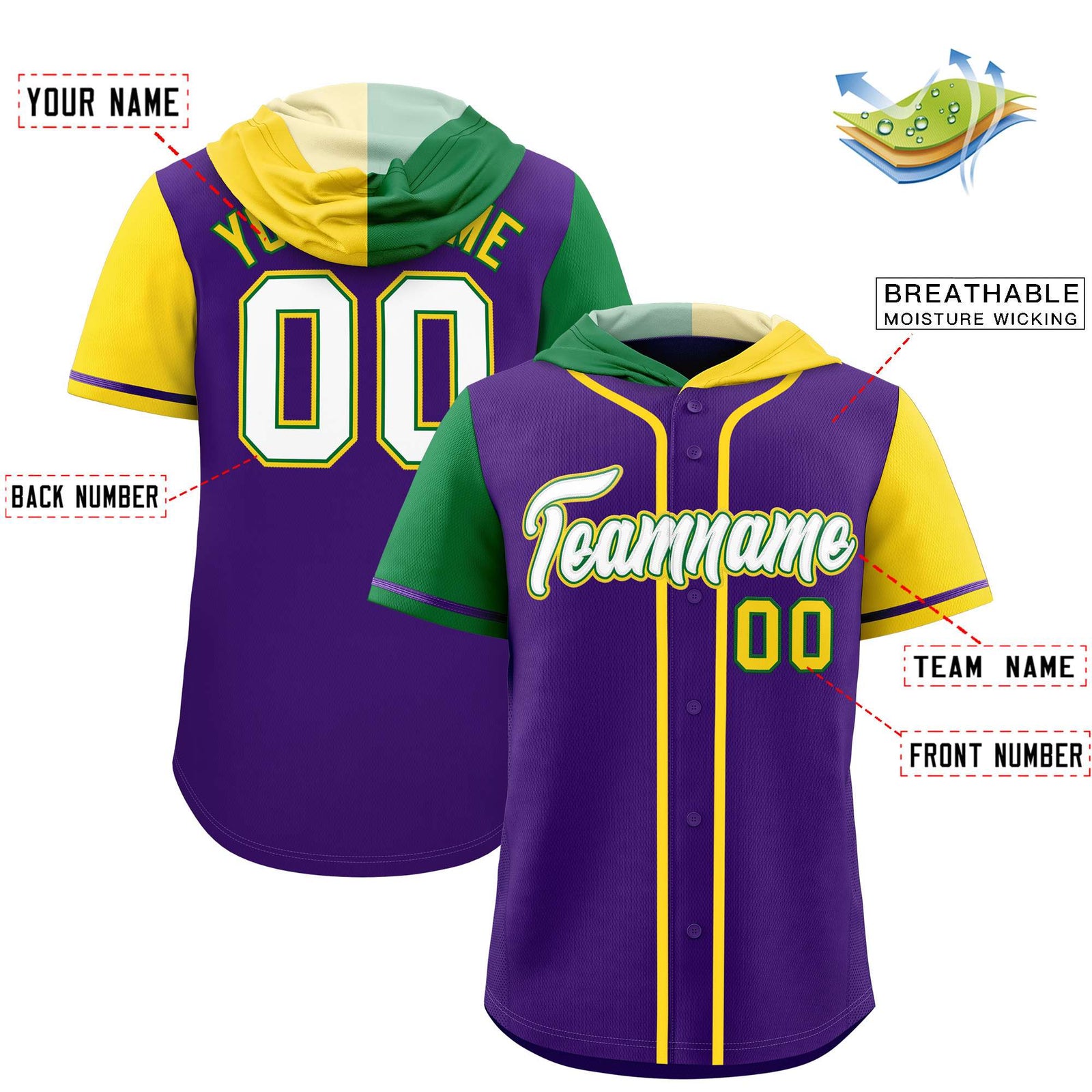 Custom Purple Kelly Green and Gold Split Fashion Raglan Sleeves Authentic Baseball Hoodie Jersey