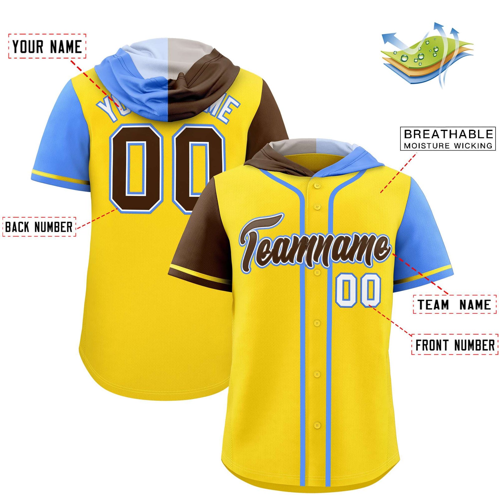 Custom Gold Brown and Powder Blue Split Fashion Raglan Sleeves Authentic Baseball Hoodie Jersey