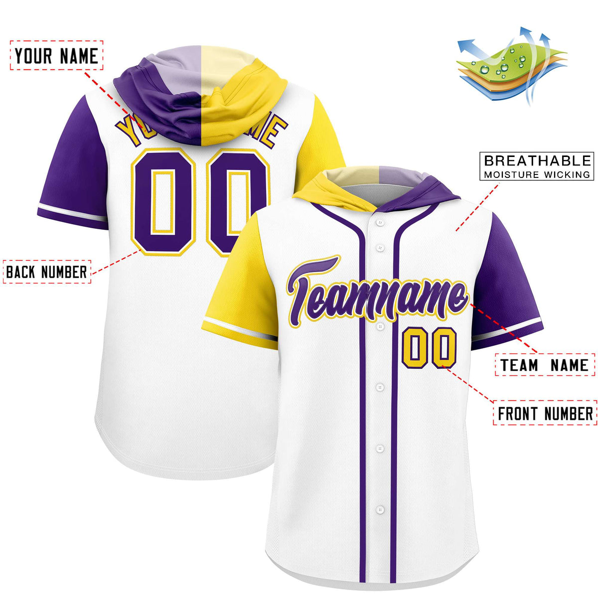 Custom White Gold and Purple Split Fashion Raglan Sleeves Authentic Baseball Hoodie Jersey