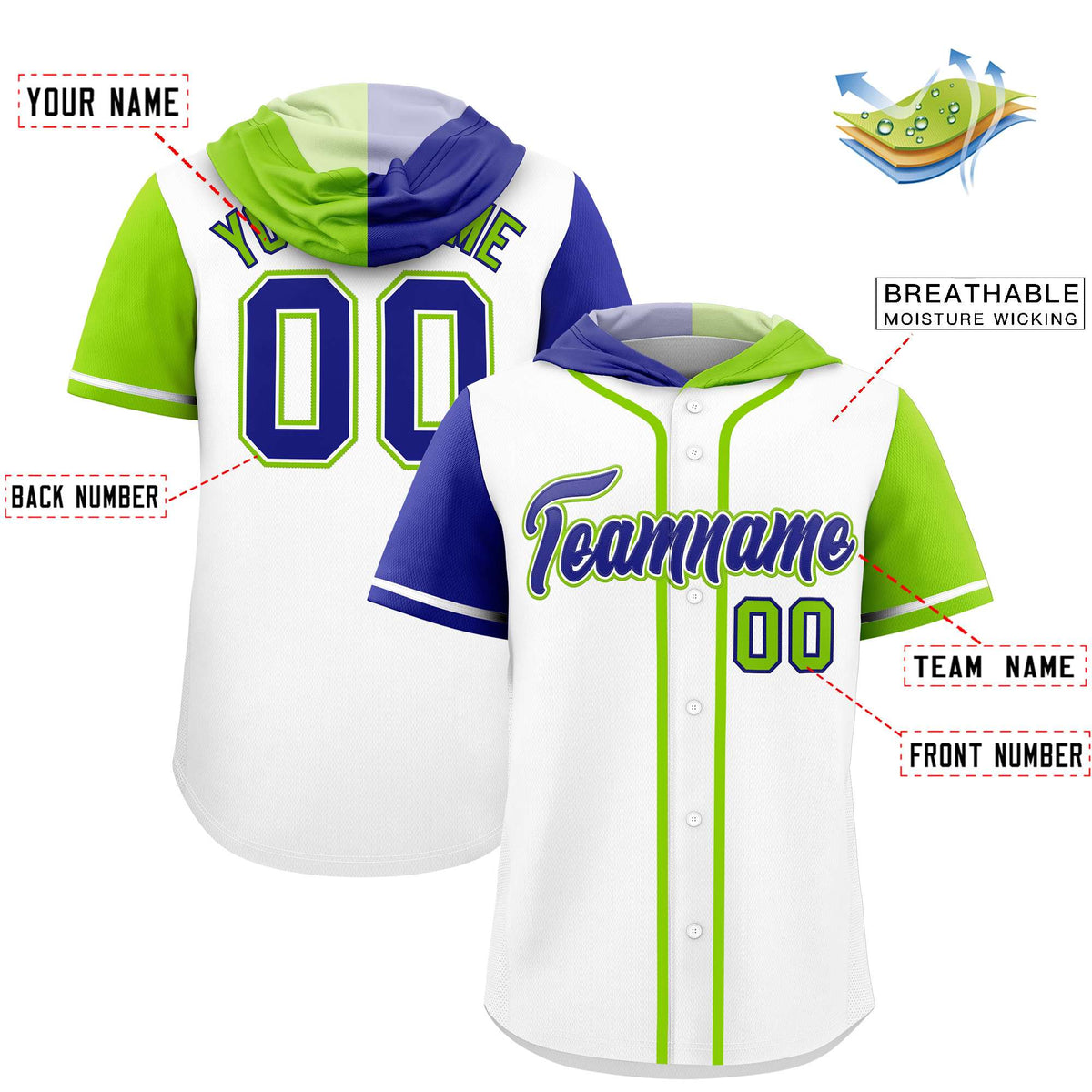 Custom White Royal and Neon Green Split Fashion Raglan Sleeves Authentic Baseball Hoodie Jersey