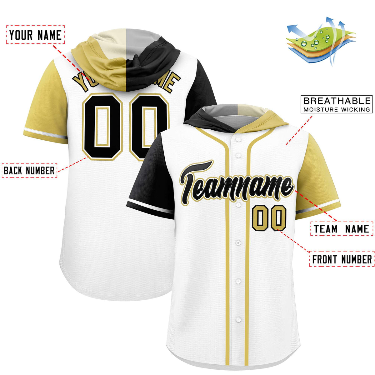 Custom White Black and Old Gold Split Fashion Raglan Sleeves Authentic Baseball Hoodie Jersey