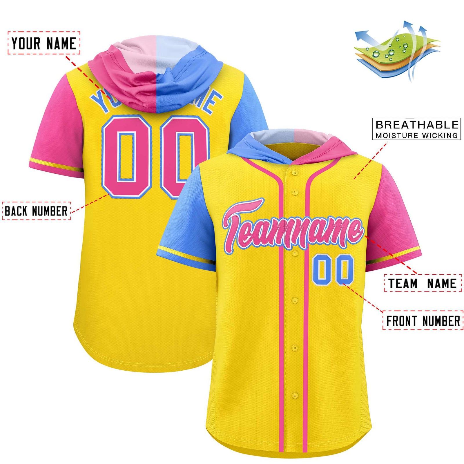 Custom Gold Powder Blue and Pink Split Fashion Raglan Sleeves Authentic Baseball Hoodie Jersey