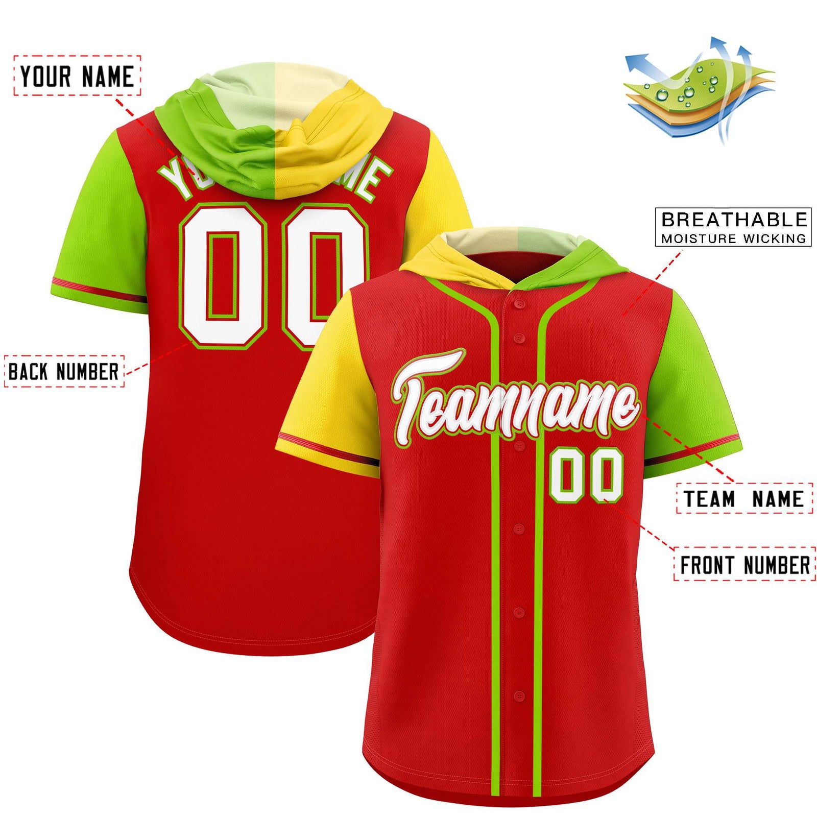 Custom Red Gold and Neon Green Split Fashion Raglan Sleeves Authentic Baseball Hoodie Jersey