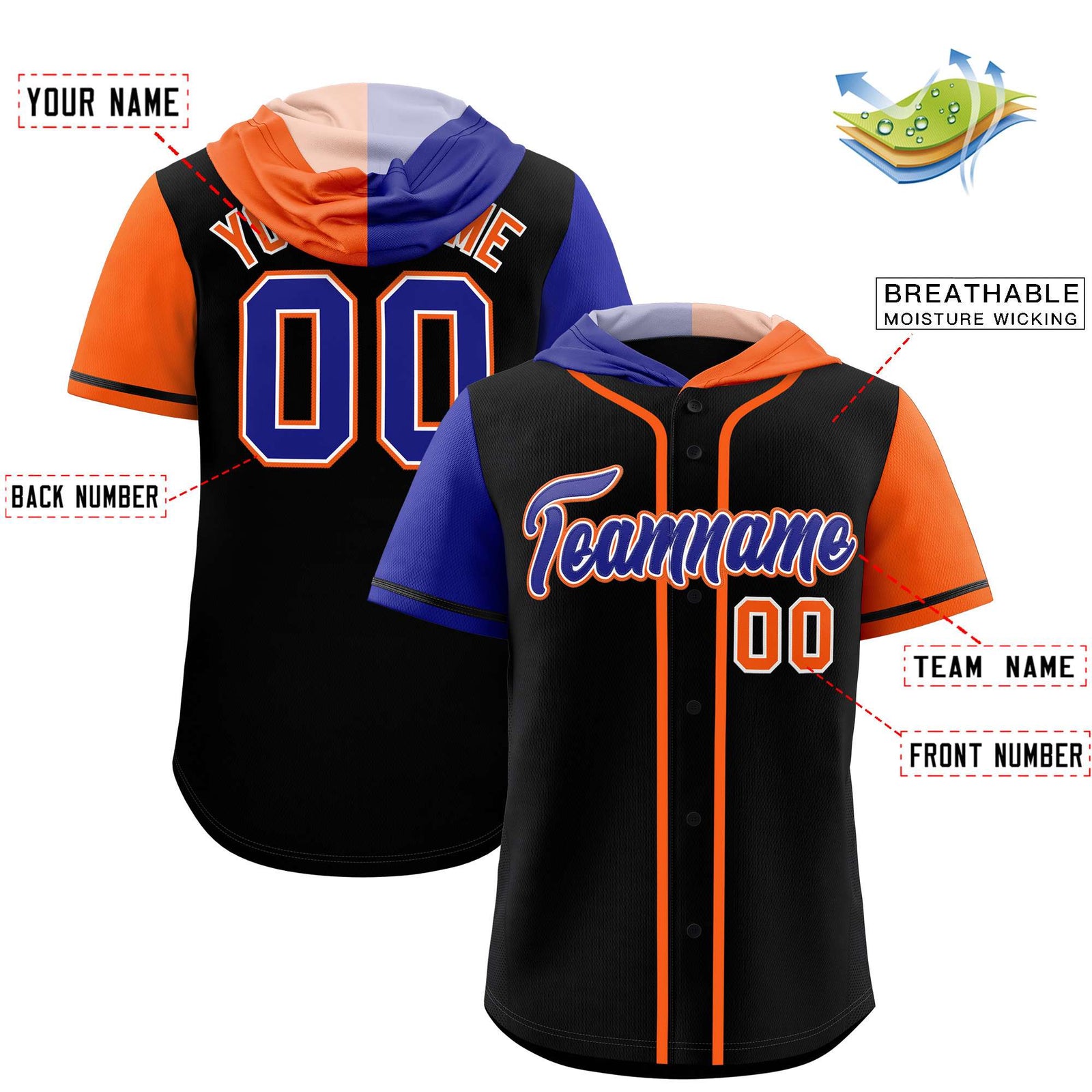 Custom Black Royal and Orange Split Fashion Raglan Sleeves Authentic Baseball Hoodie Jersey