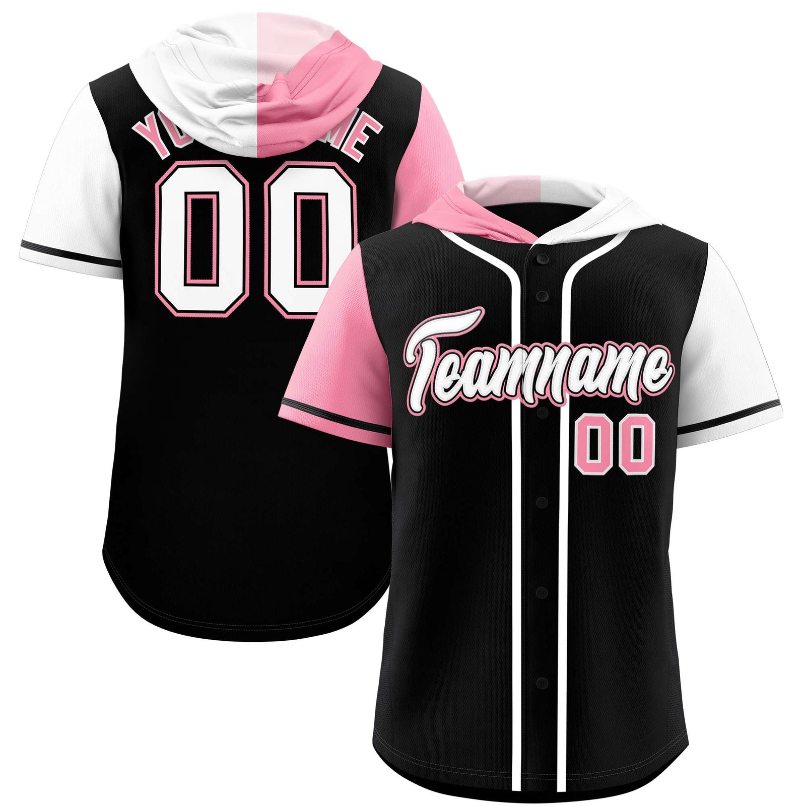 Custom Black Light Pink and White Split Fashion Raglan Sleeves Authentic Baseball Hoodie Jersey