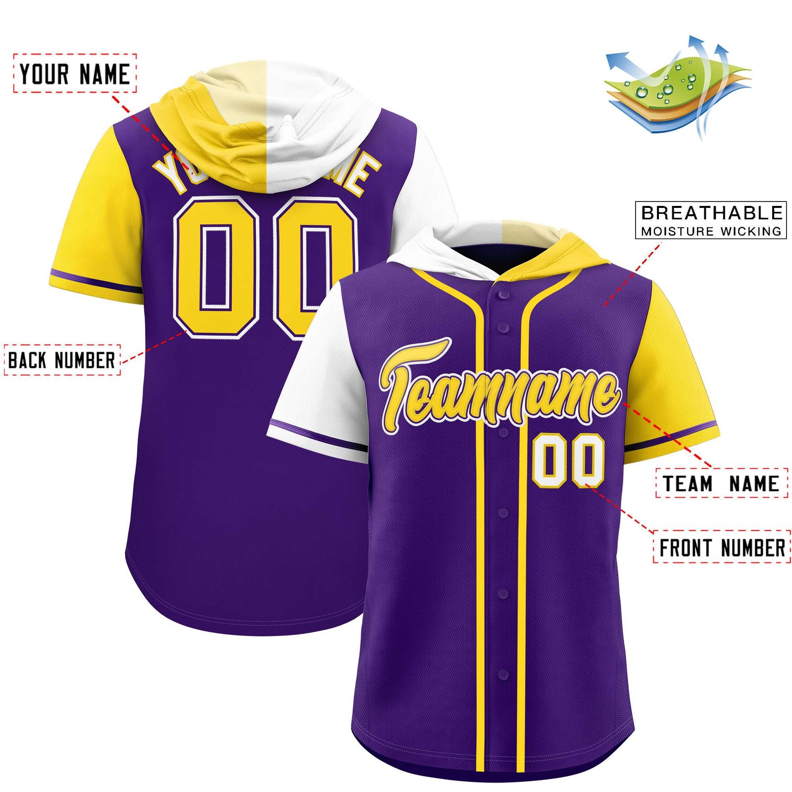 Custom Purple White and Gold Split Fashion Raglan Sleeves Authentic Baseball Hoodie Jersey