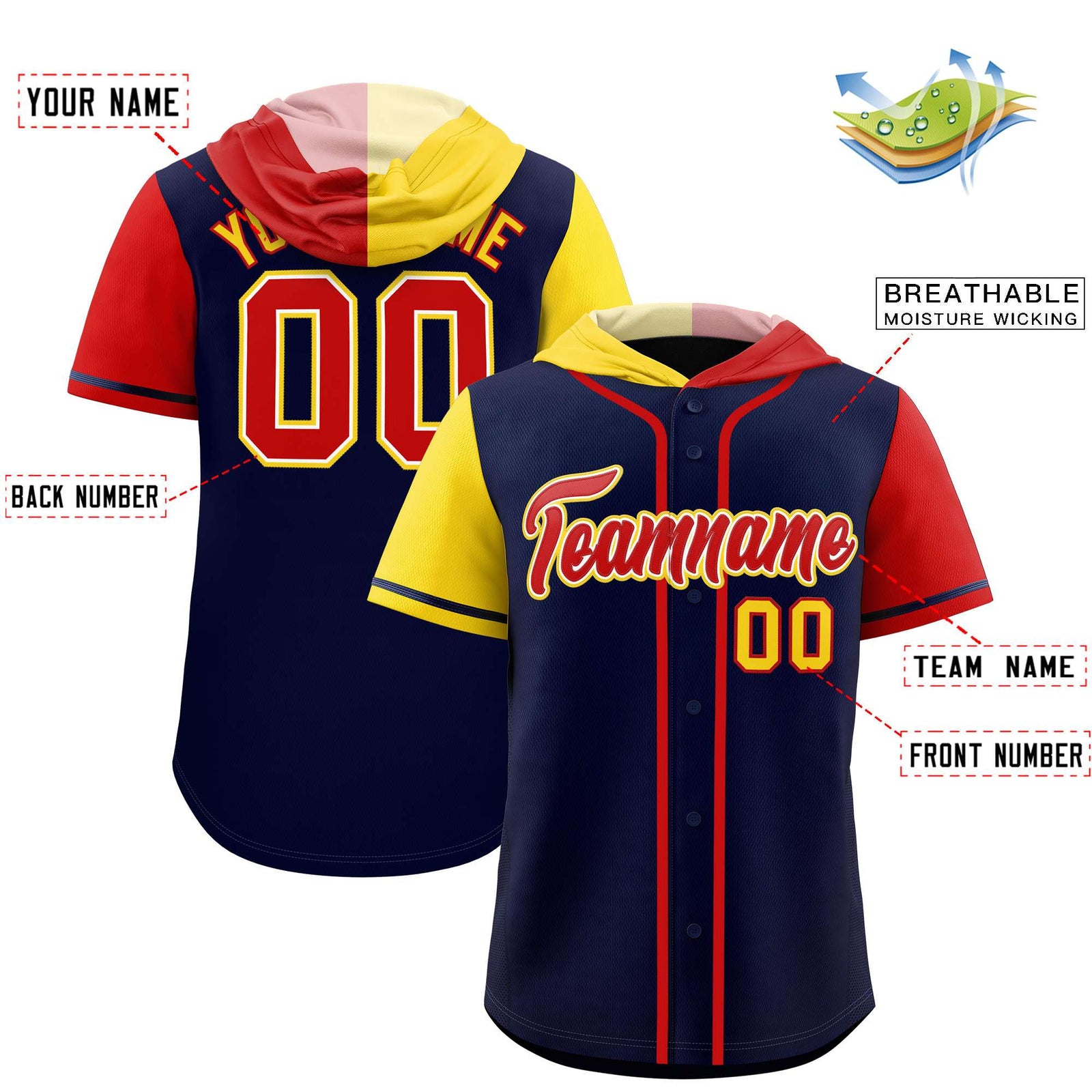 Custom Navy Gold and Red Split Fashion Raglan Sleeves Authentic Baseball Hoodie Jersey
