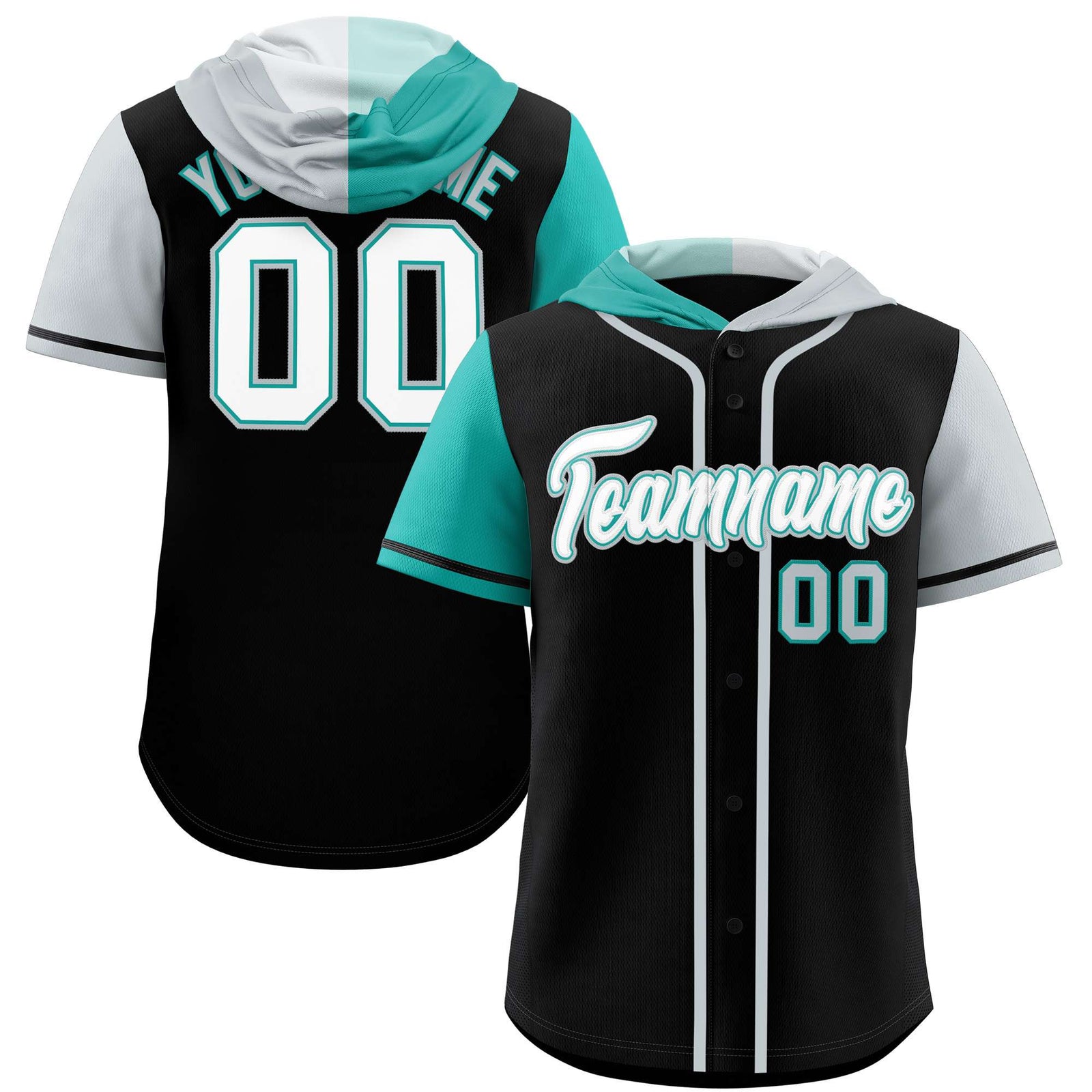 Custom Black Aqua and Silver Split Fashion Raglan Sleeves Authentic Baseball Hoodie Jersey
