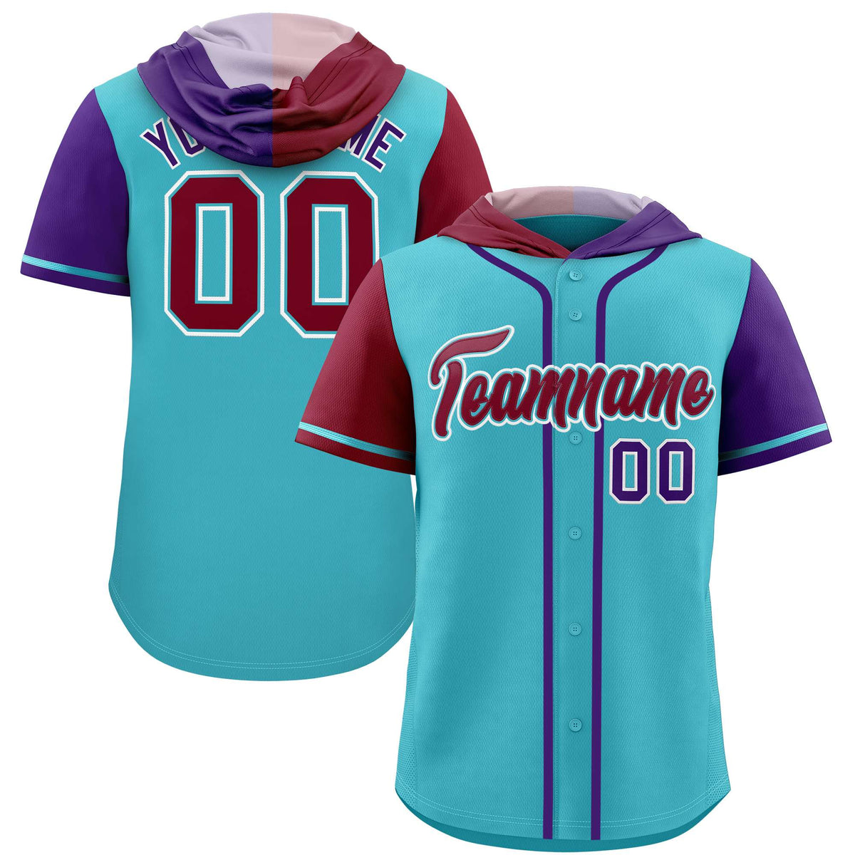 Custom Sky Blue Crimson and Purple Split Fashion Raglan Sleeves Authentic Baseball Hoodie Jersey