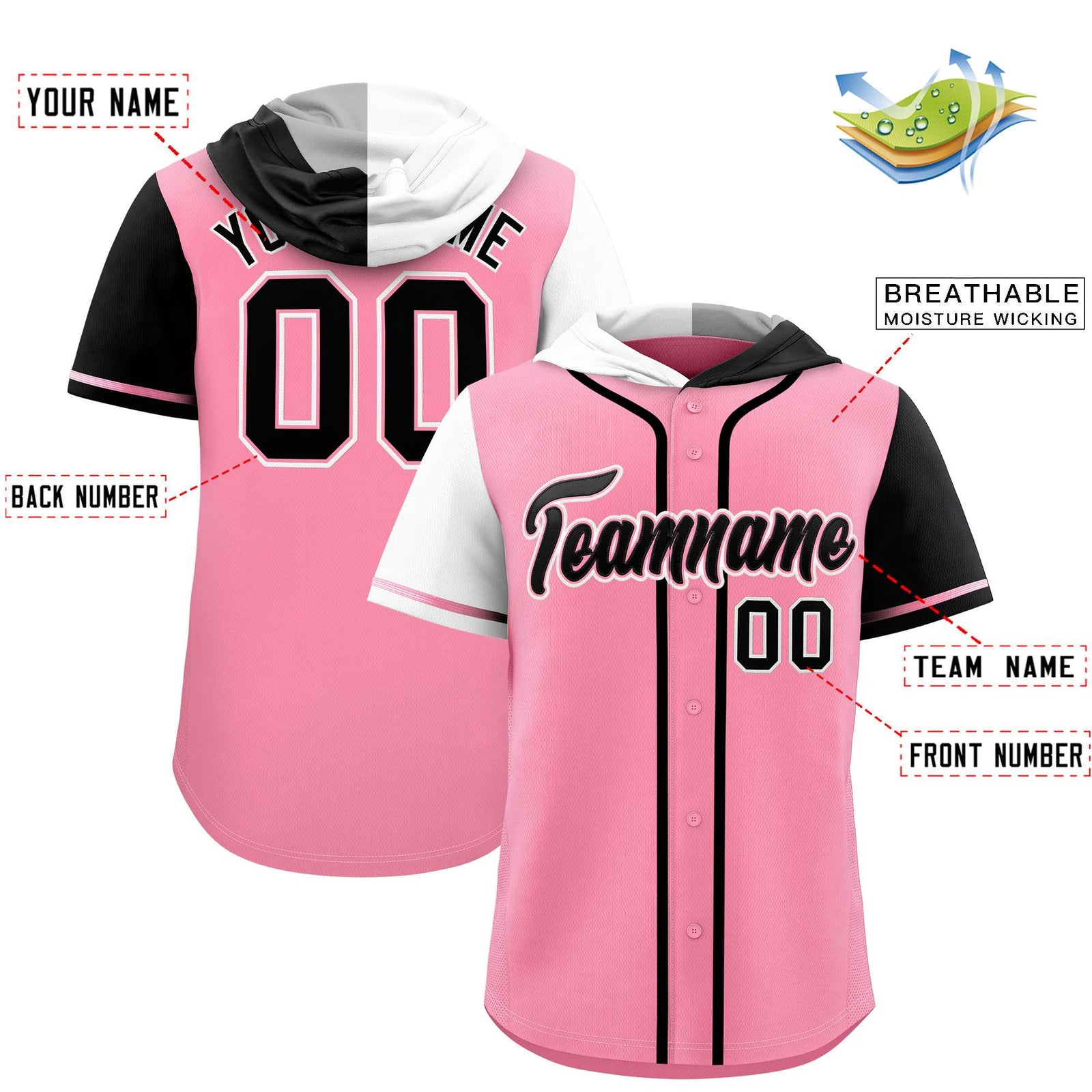 Custom Light Pink White and Black Split Fashion Raglan Sleeves Authentic Baseball Hoodie Jersey