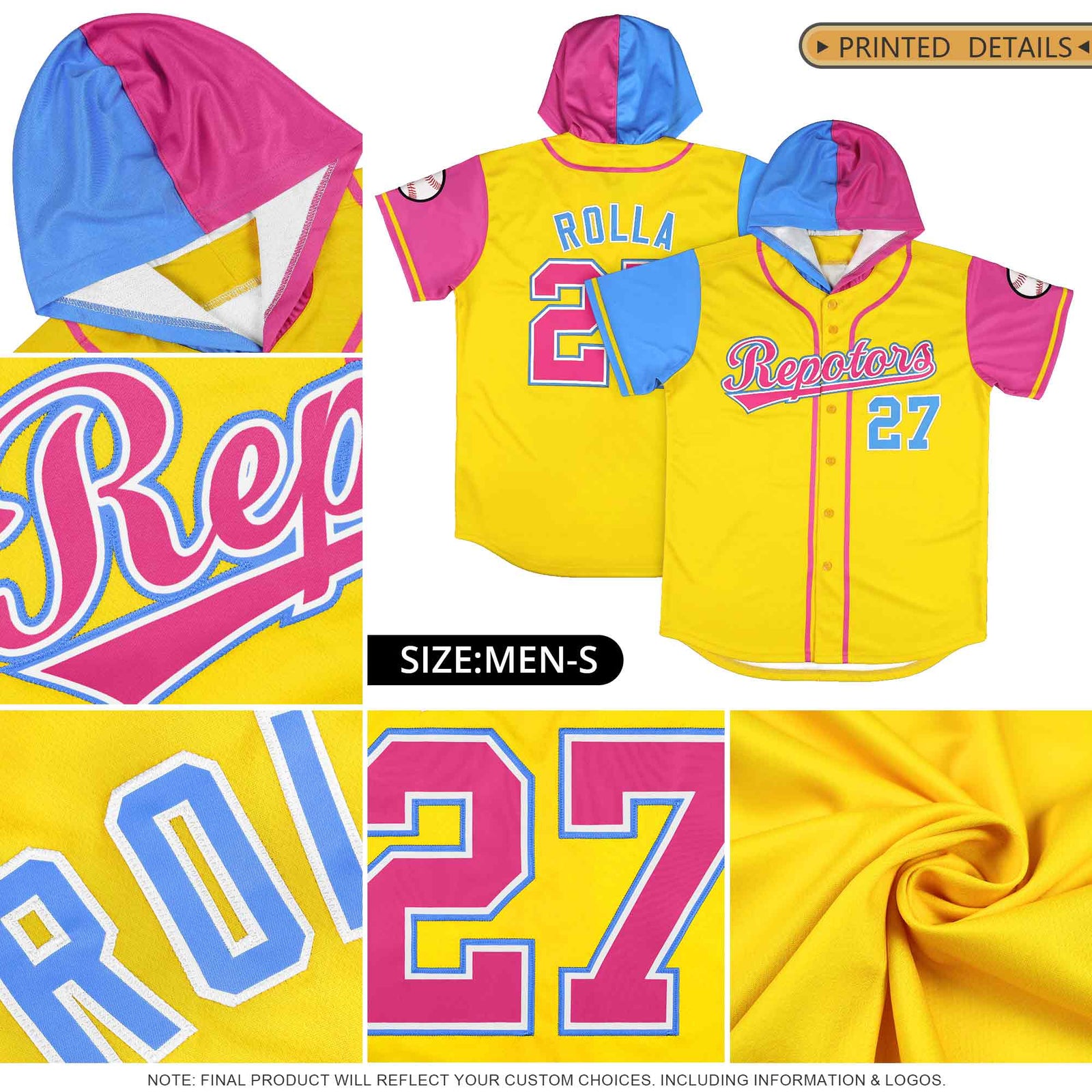Custom Gold Powder Blue and Pink Split Fashion Raglan Sleeves Authentic Baseball Hoodie Jersey