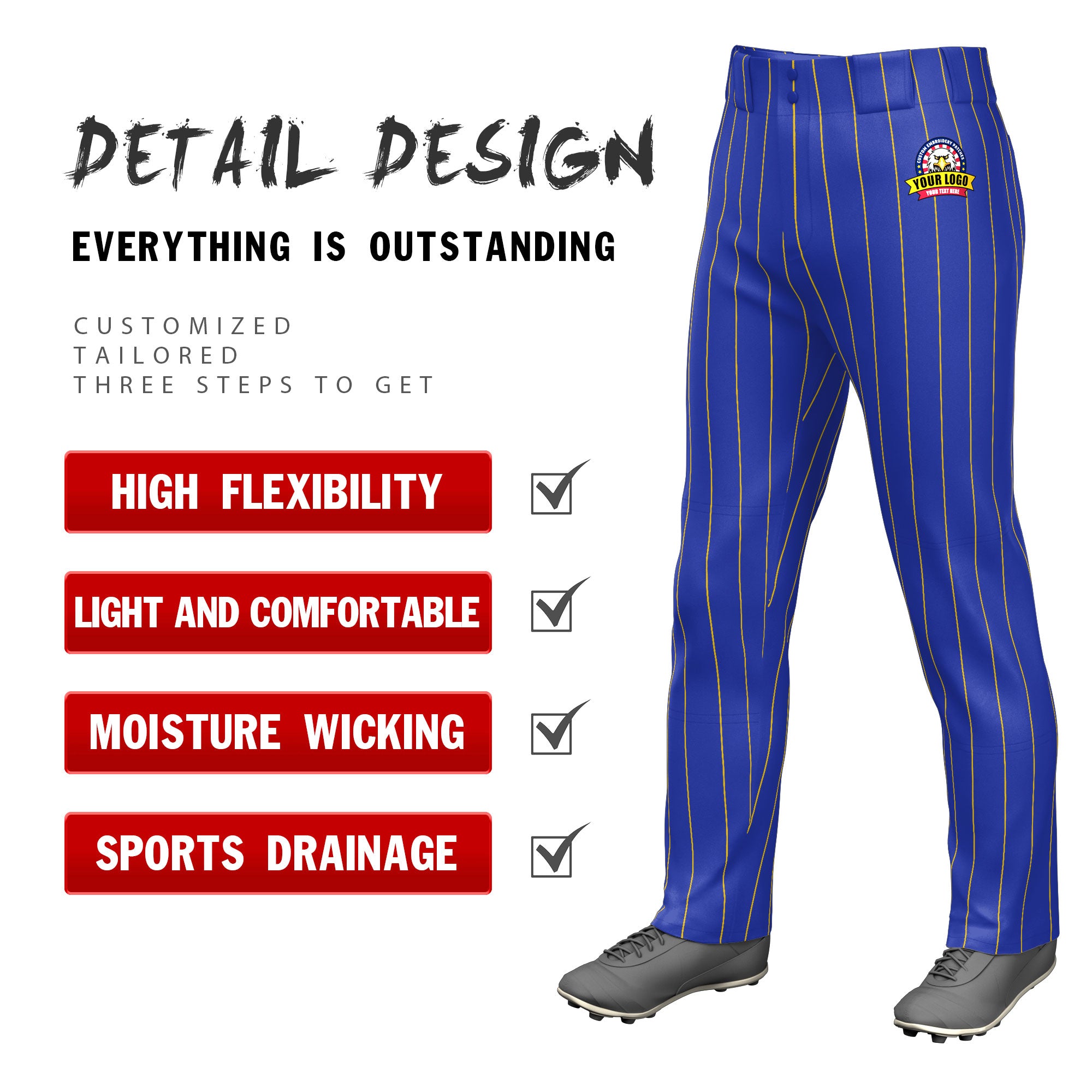 Fans-Made | Custom Royal Gold Pinstripe Fit Stretch Practice Loose-fit Baseball Pants ¨C Available for Reorder