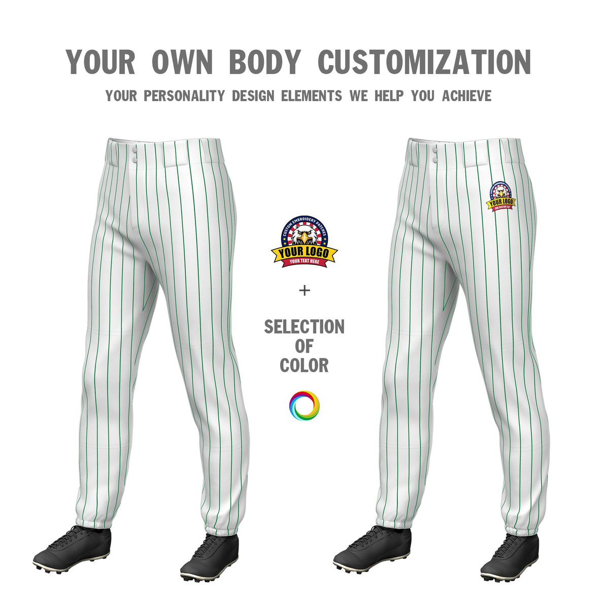Custom White Kelly Green Pinstripe Fit Stretch Practice Pull  Up Baseball Pants