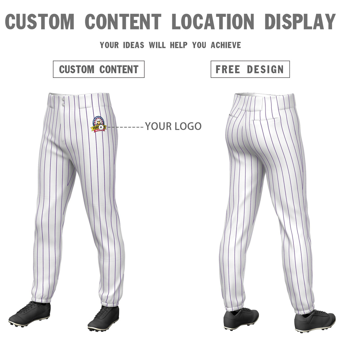 Custom White Purple Pinstripe Fit Stretch Practice Pull  Up Baseball Pants