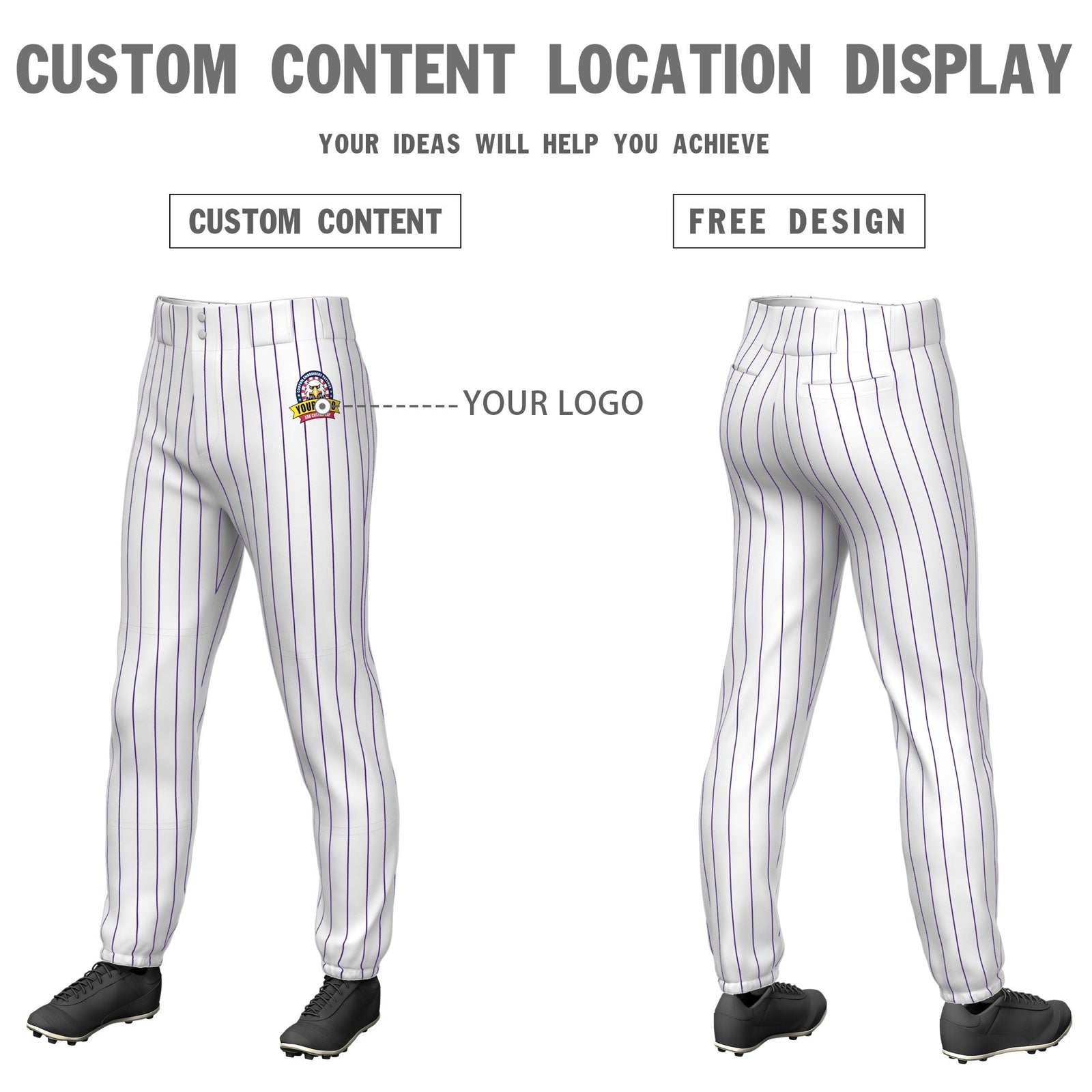 Custom White Purple Pinstripe Fit Stretch Practice Pull  Up Baseball Pants
