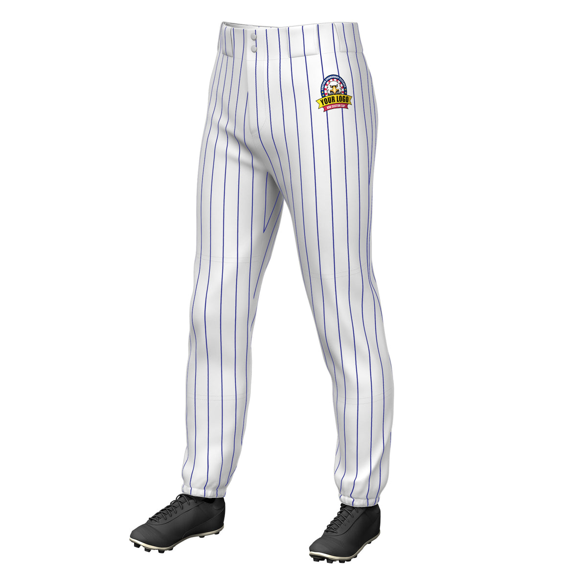 Custom White Royal Pinstripe Fit Stretch Practice Pull  Up Baseball Pants