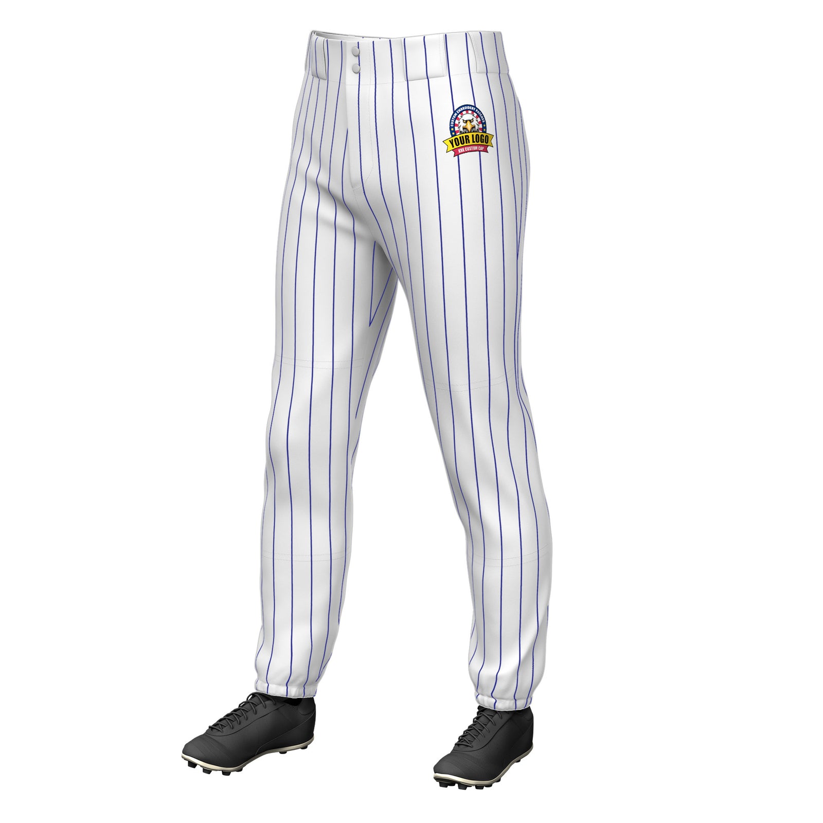 Custom White Royal Pinstripe Fit Stretch Practice Pull  Up Baseball Pants