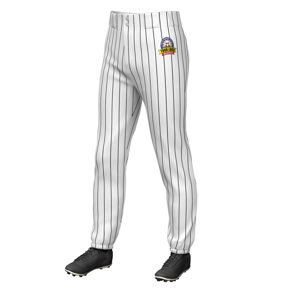 Custom White Black Pinstripe Fit Stretch Practice Pull  Up Baseball Pants