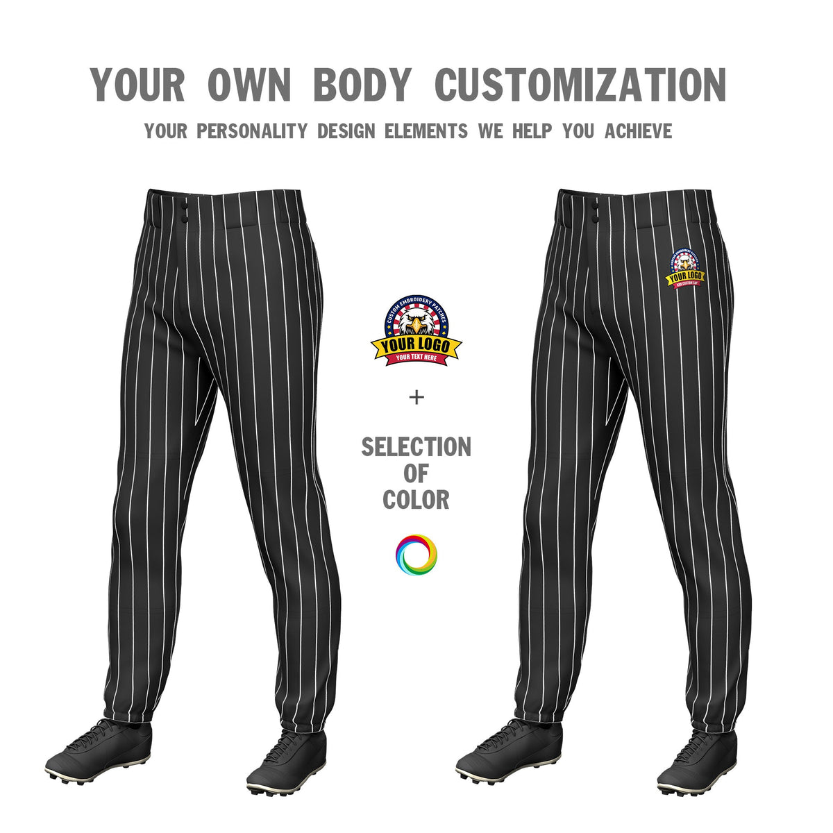 Custom Black White Pinstripe Fit Stretch Practice Pull  Up Baseball Pants