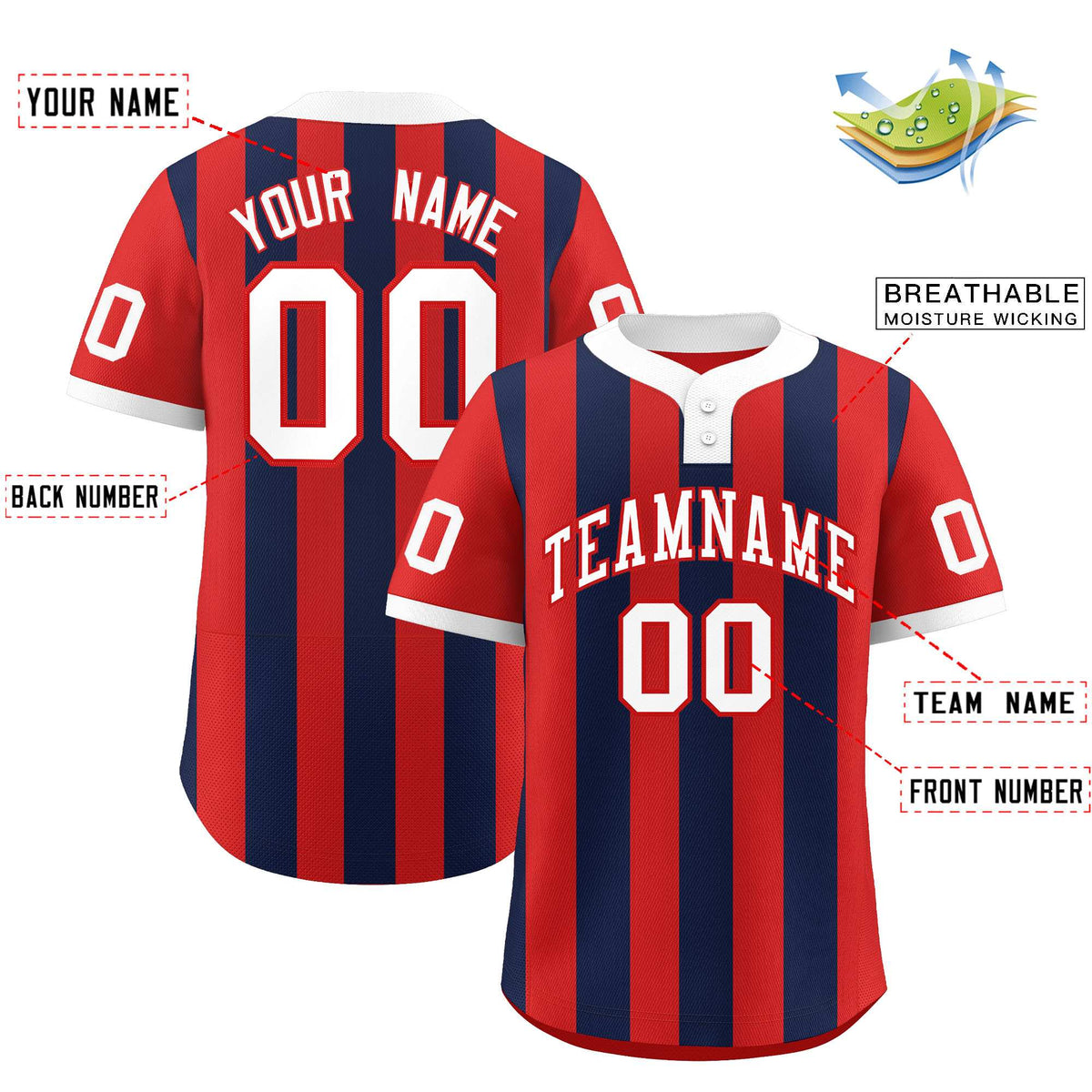 Custom Red Navy Stripe Fashion Authentic Two-Button Softball Jersey
