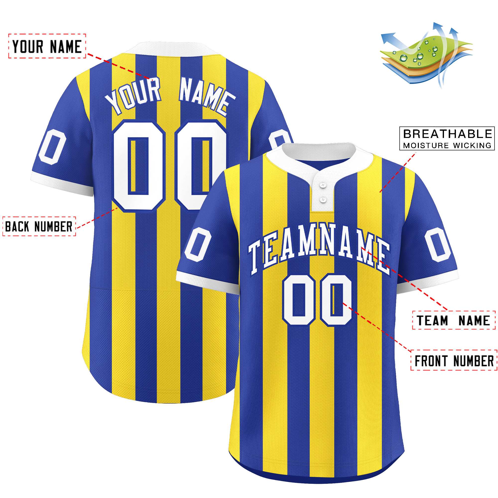 Custom Royal Gold Stripe Fashion Authentic Two-Button Softball Jersey