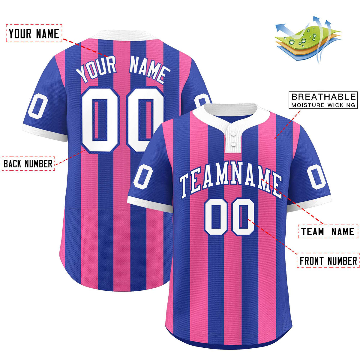 Custom Royal Pink Stripe Fashion Authentic Two-Button Softball Jersey