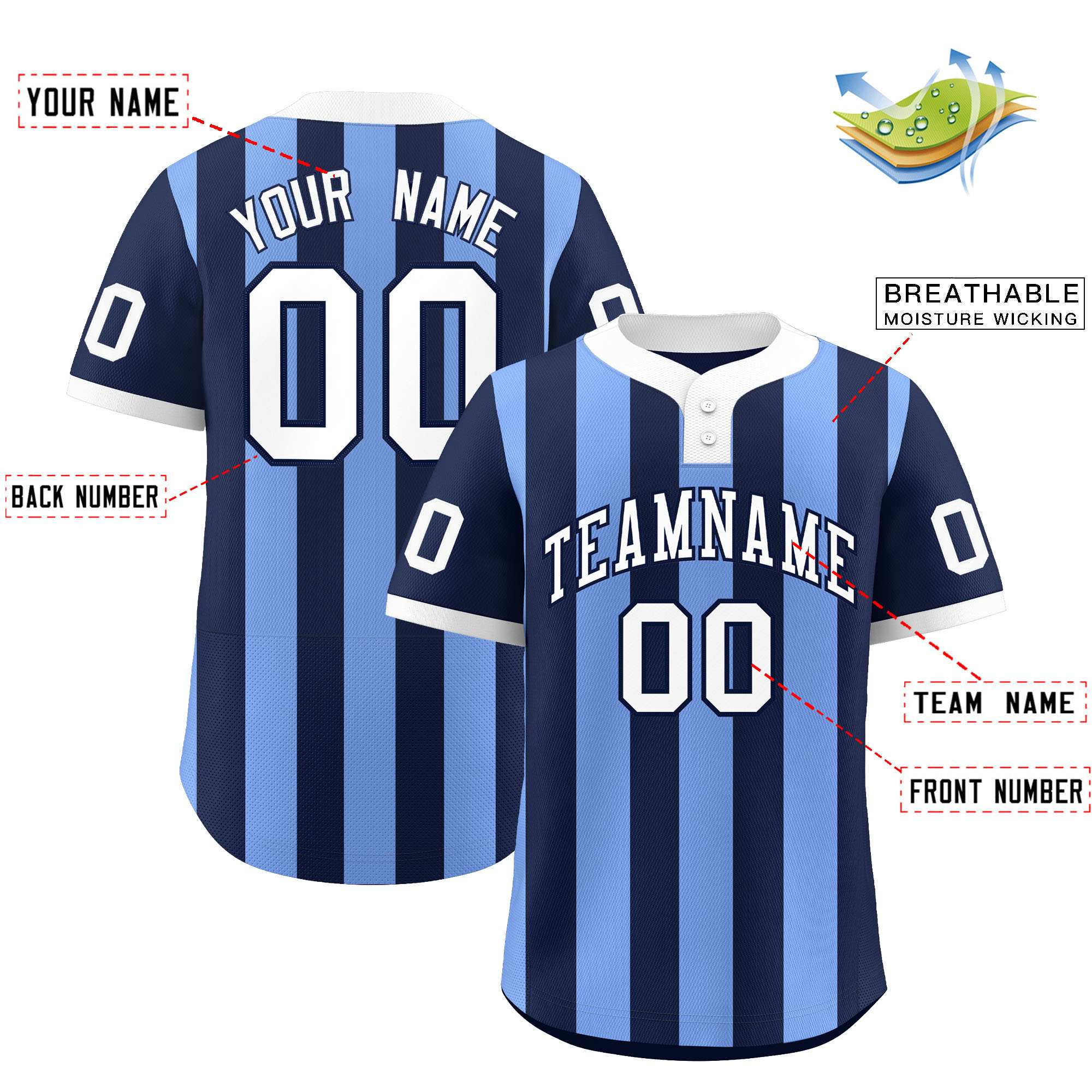 Custom Navy Light Blue Stripe Fashion Authentic Two-Button Softball Jersey
