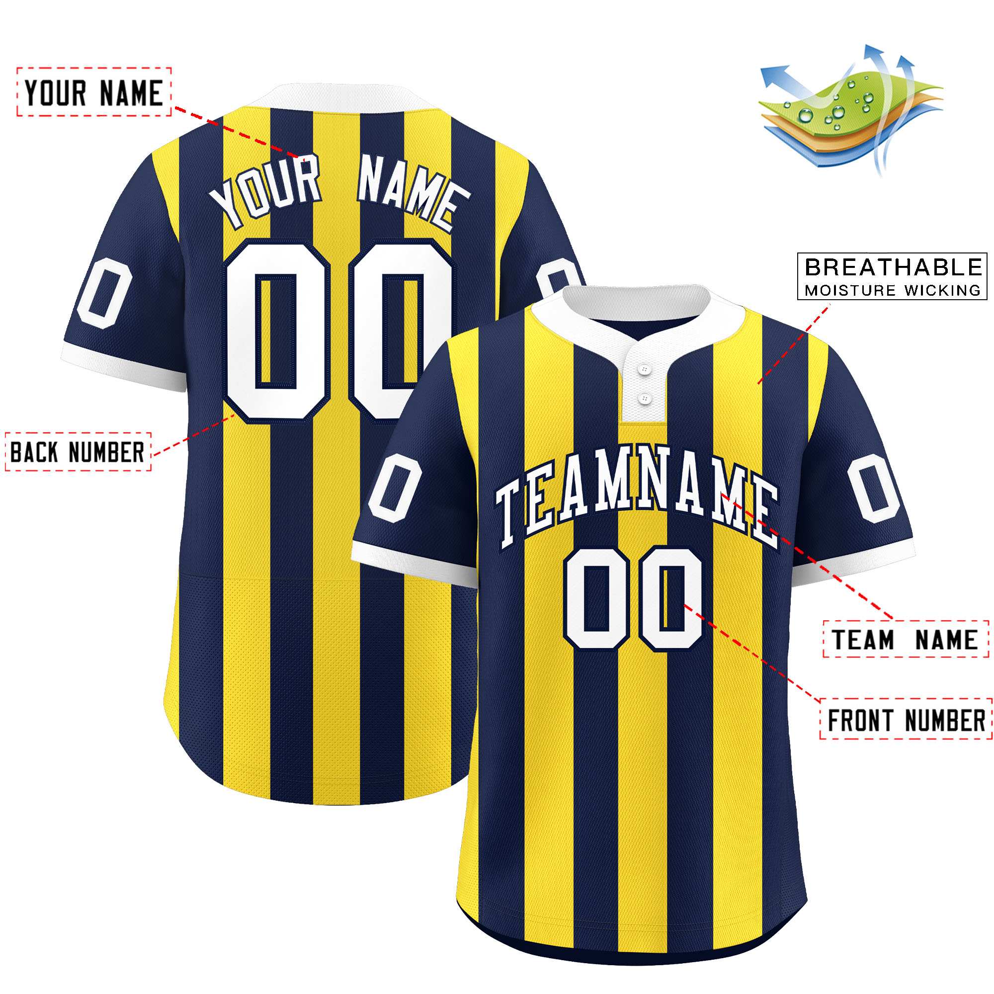 Custom Navy Gold Stripe Fashion Authentic Two-Button Softball Jersey