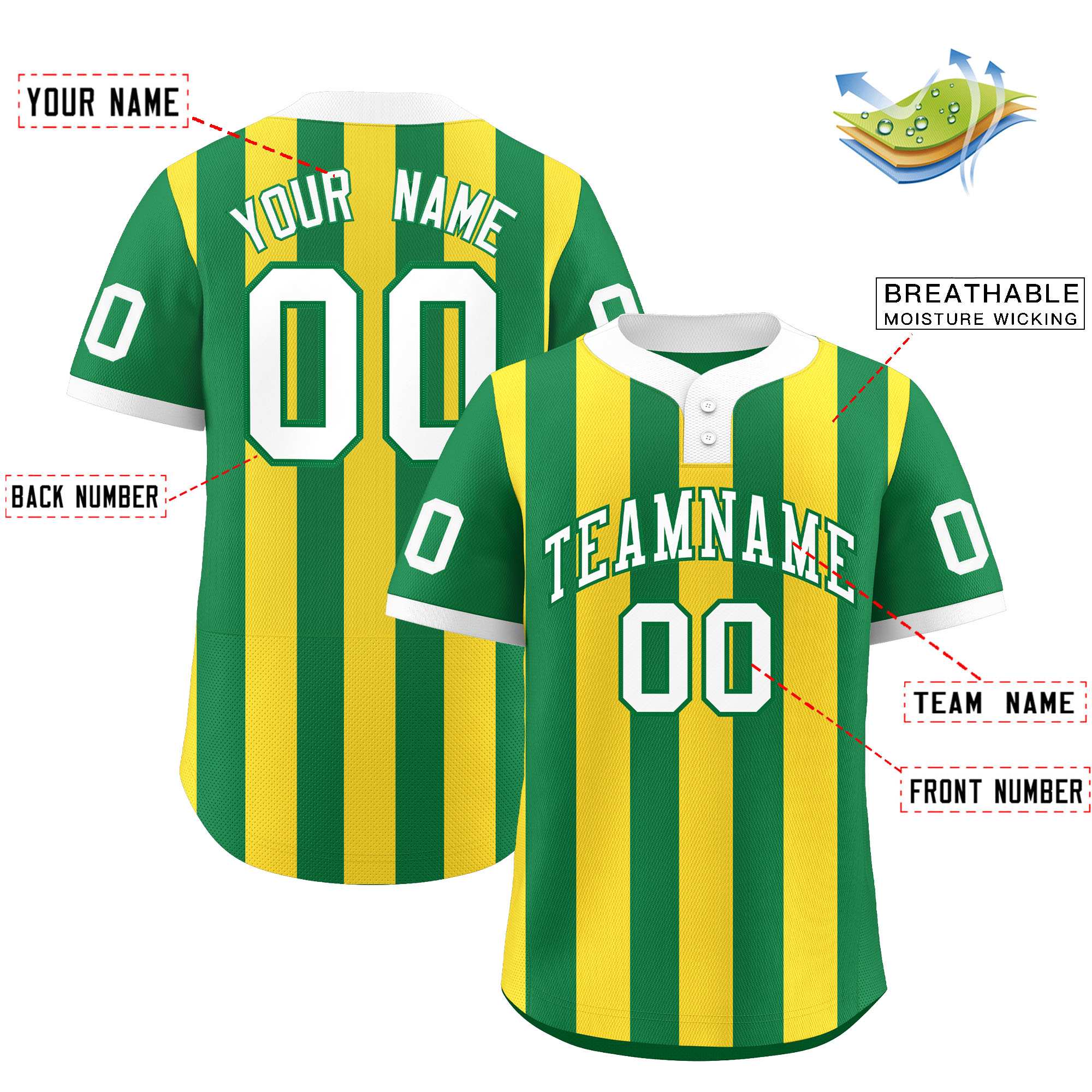 Custom Kelly Green Gold Stripe Fashion Authentic Two-Button Softball Jersey
